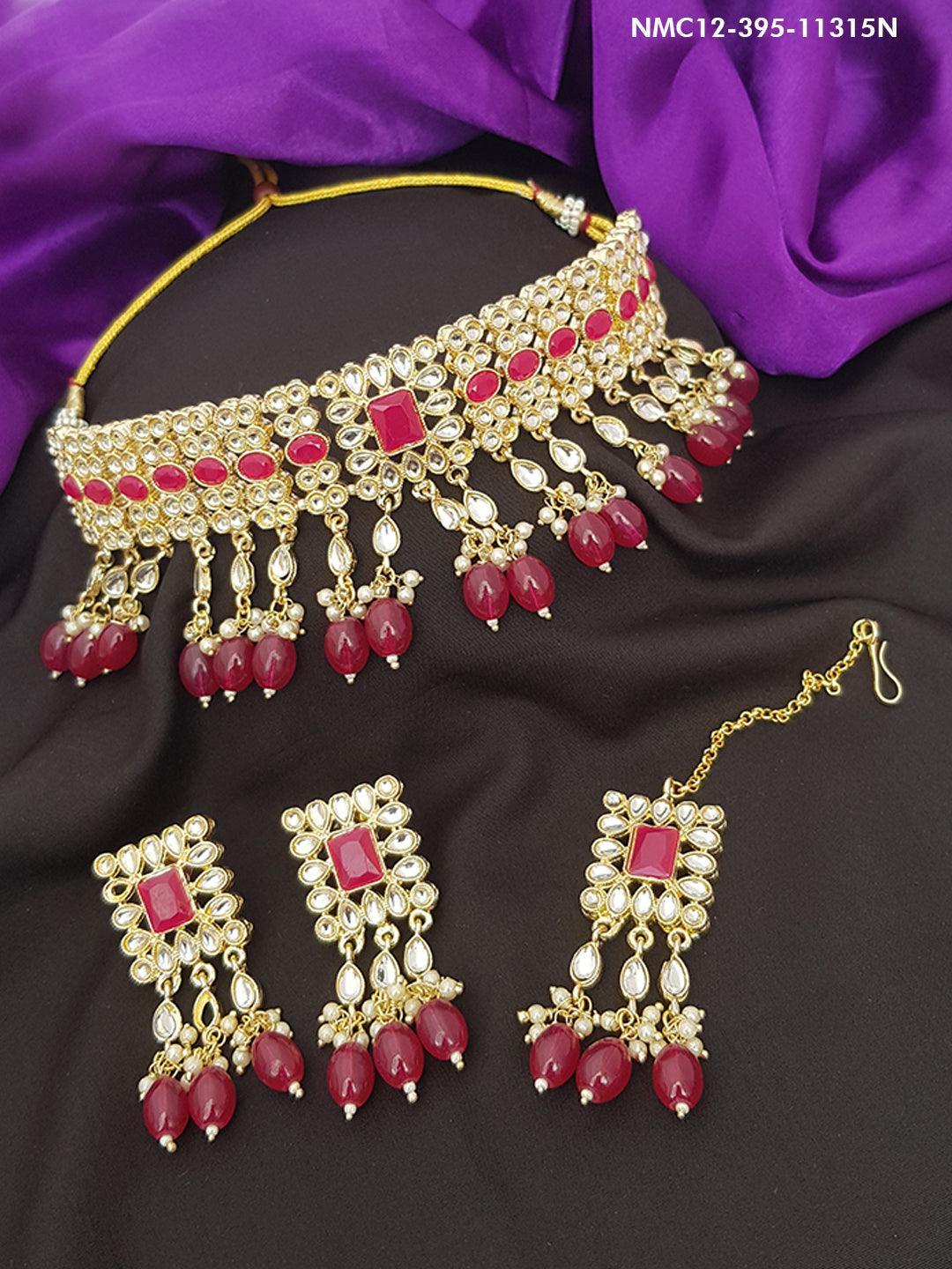 Designer colored stones choker Necklace set with tikka - Griiham