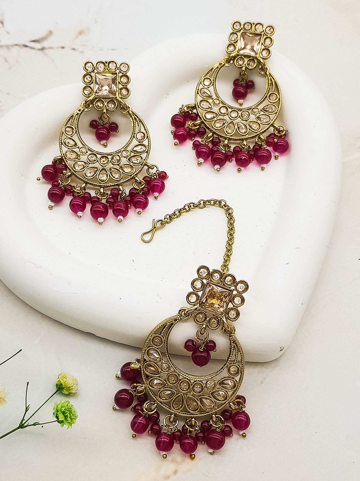 Faint Gold finish Earring Dangler with Maang Tikka