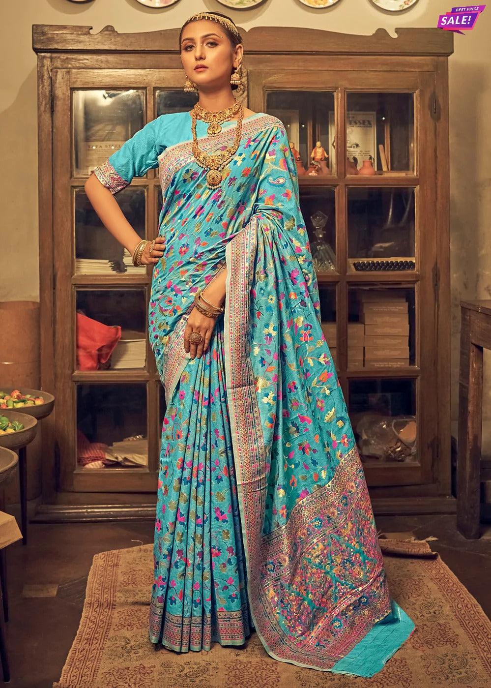 Embroidered, Woven, Floral Print Banarasi Silk Blend Saree (Blue) - Griiham