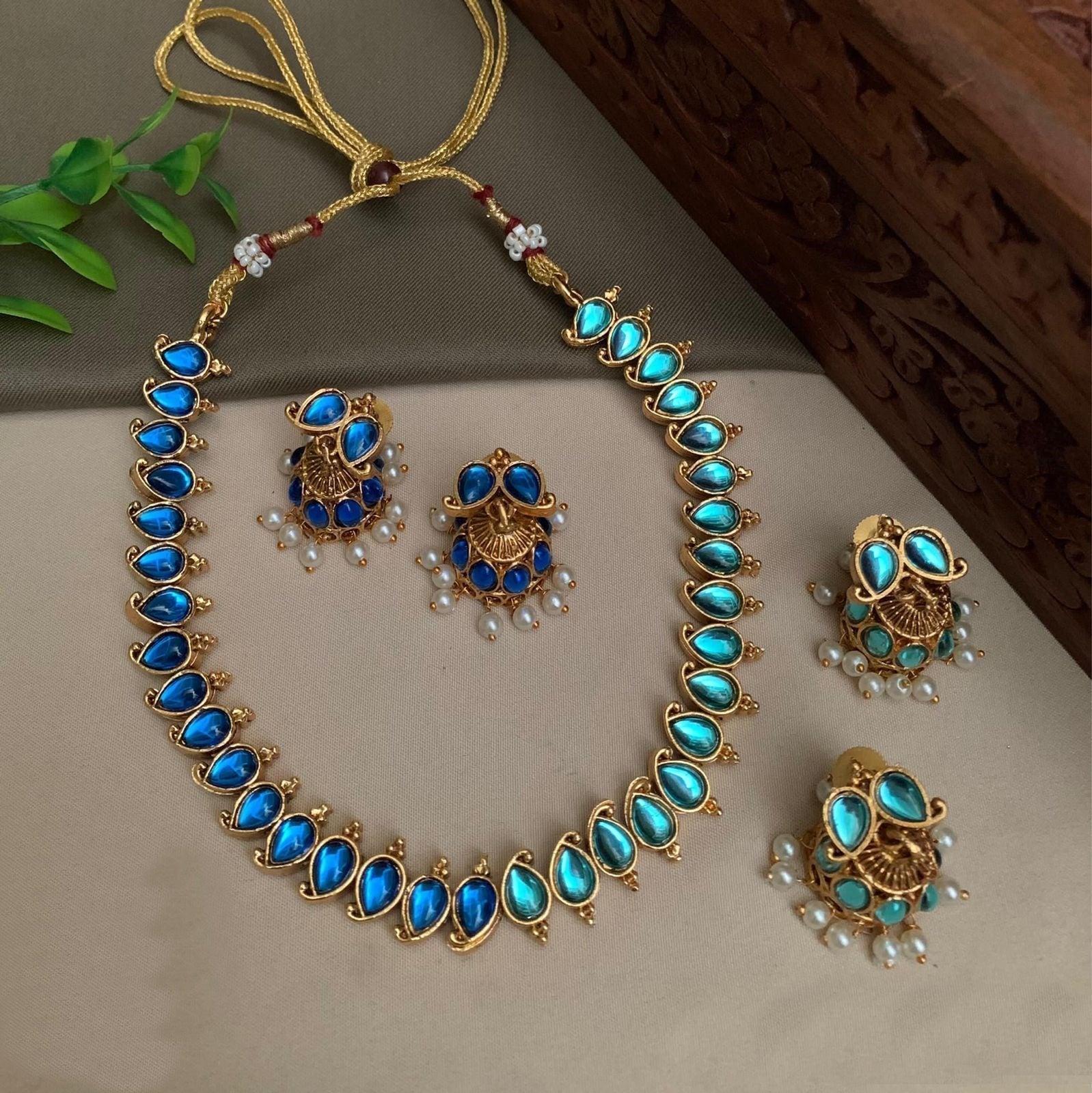 Exclusive Gold Plated Reversible (Blue and Sky blue) AD Necklace Set