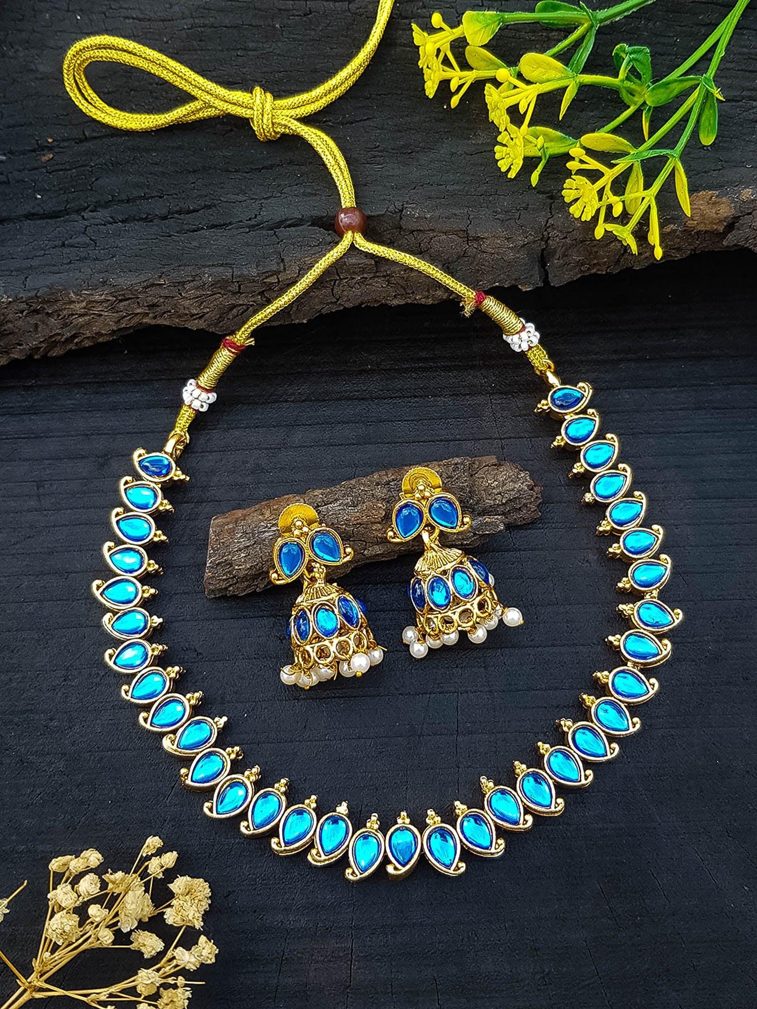 Exclusive Gold Plated Reversible (Blue and Sky blue) AD Necklace Set