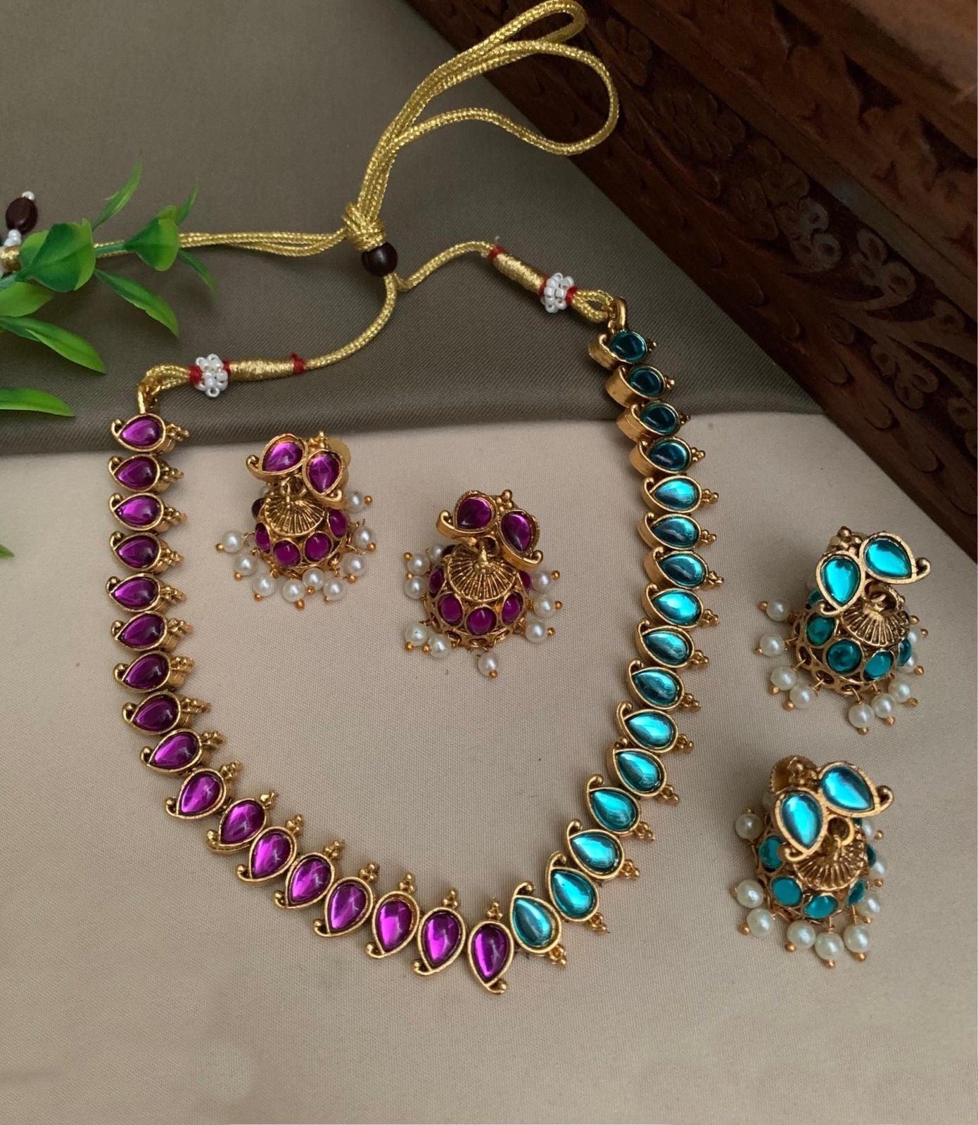 Exclusive Gold Plated Reversible (Purple and Sky blue) AD Necklace Set