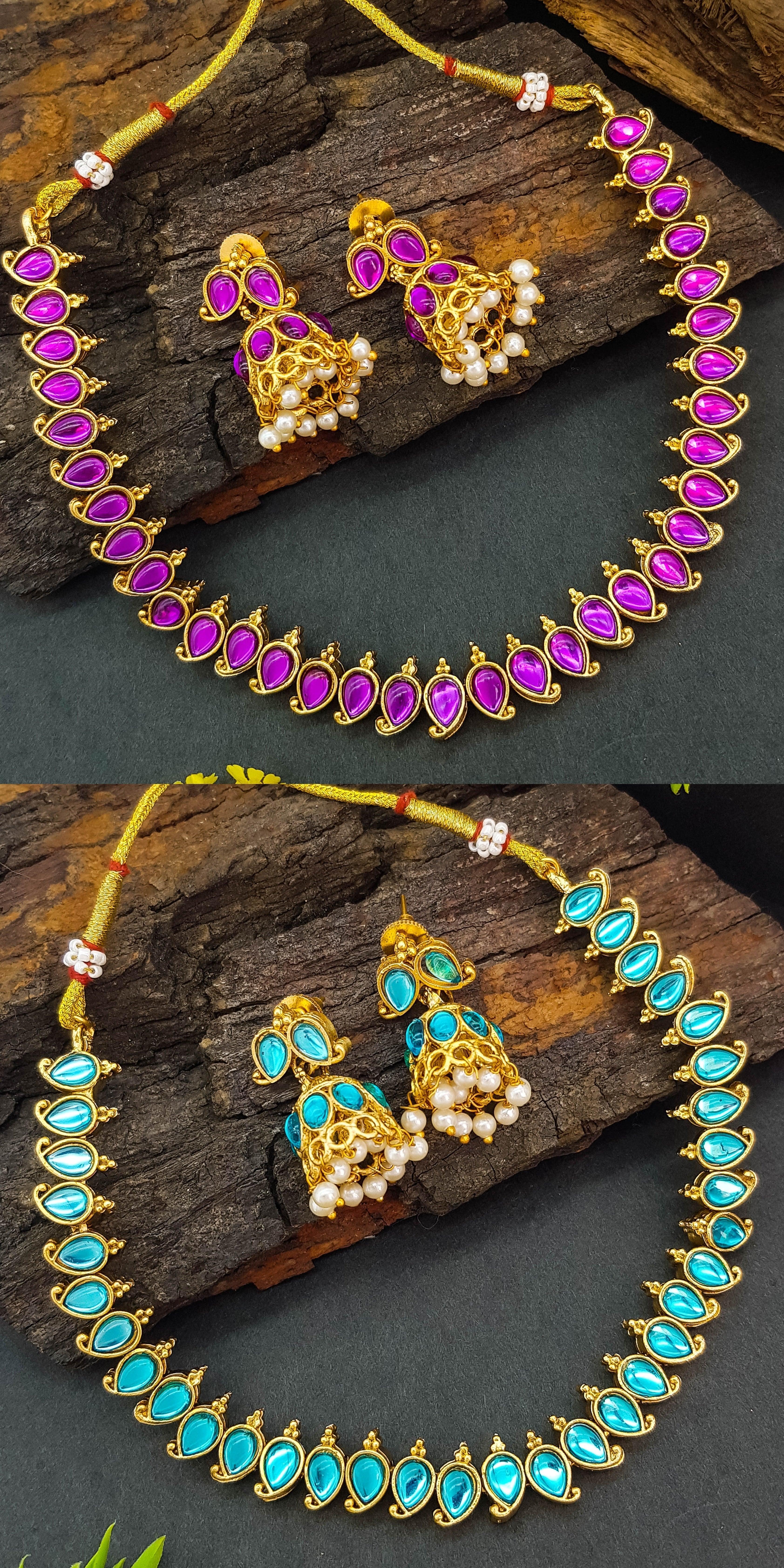 Exclusive Gold Plated Reversible (Purple and Sky blue) AD Necklace Set - Griiham