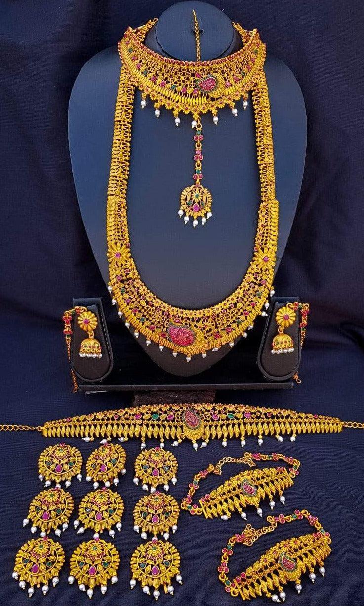 Exclusive Limited Designs Antique Gold Finish Full Bridal Set Combo with Stone studded