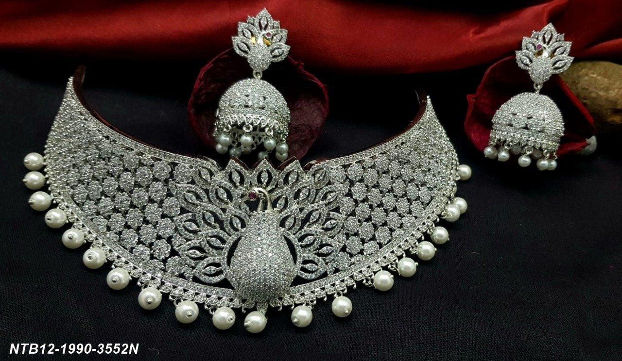 Exclusive Signature Collection White Gold Finish Premium CZ/AD Choker Peacock Design bridal/non bridal purpose Bridal Party wear Necklace Set NTB12-1990-3552N