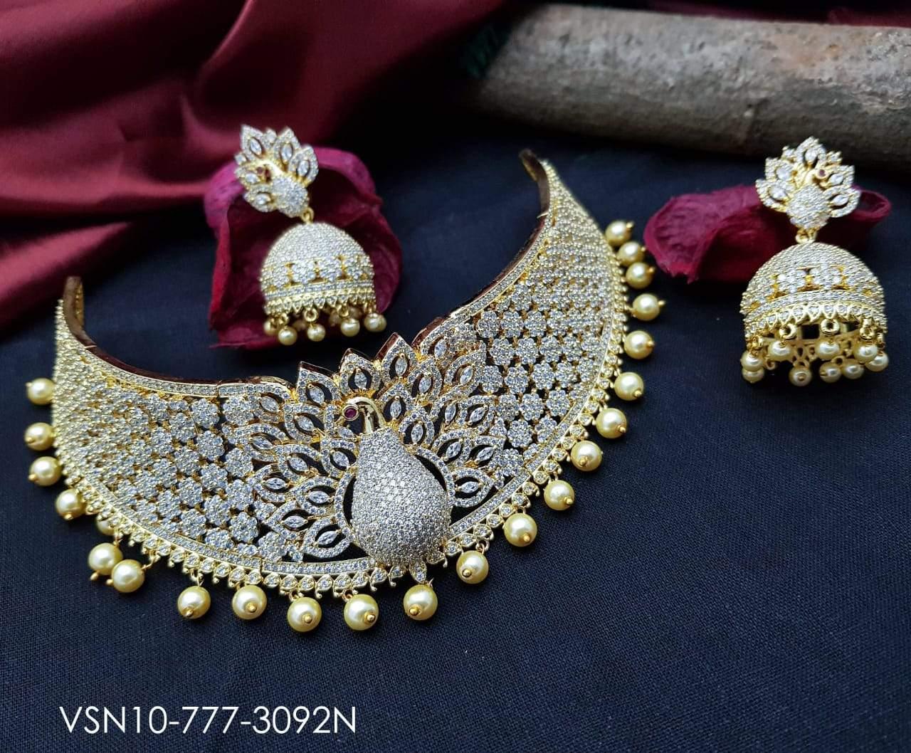 Exclusive Yellow Gold Finish Premium CZ/AD Choker Peacock Design 3183N