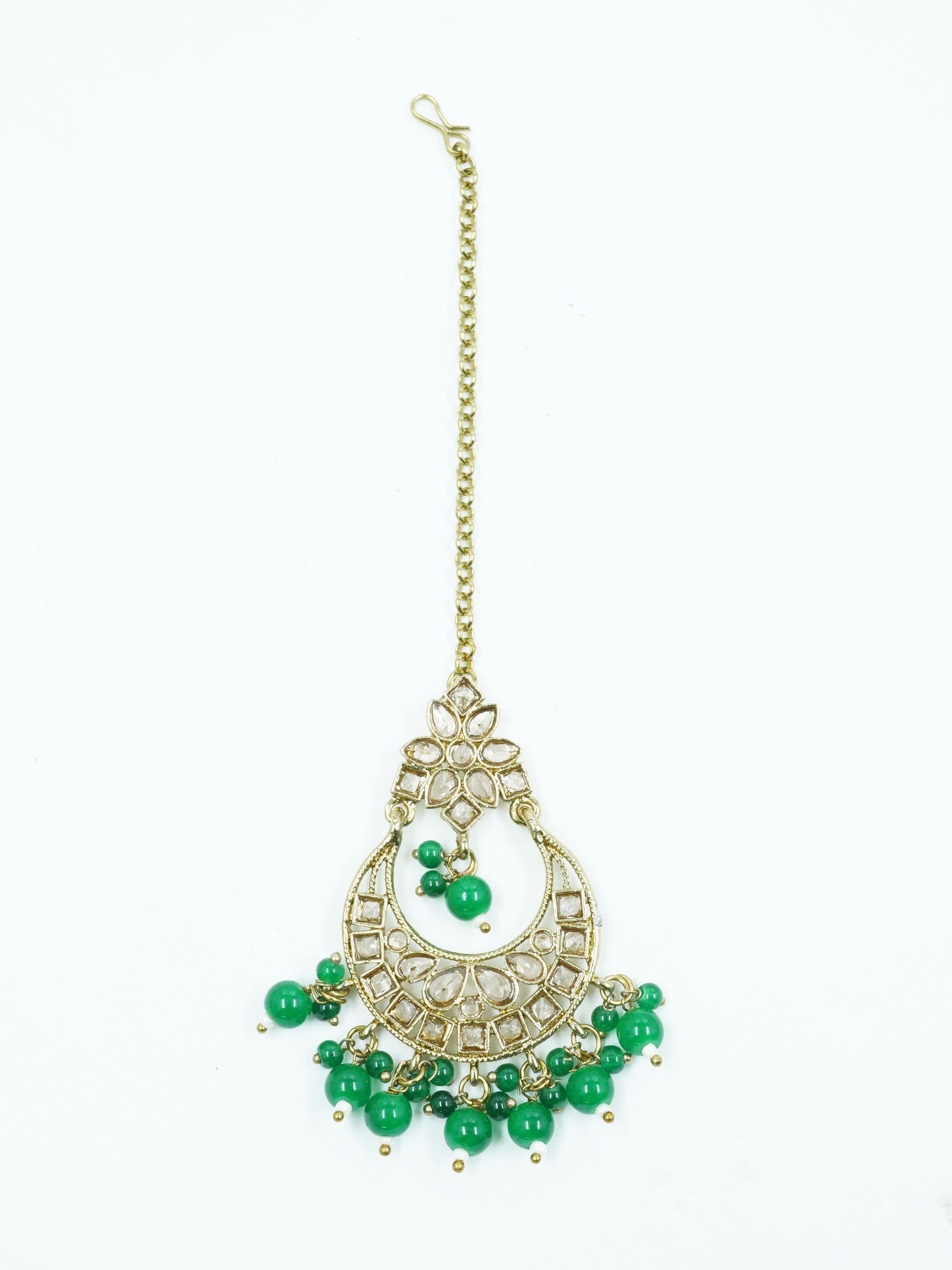 Faint gold finish Earring/jhumka/Dangler with Mang Tikka with Green Color Drops 11767N - Griiham