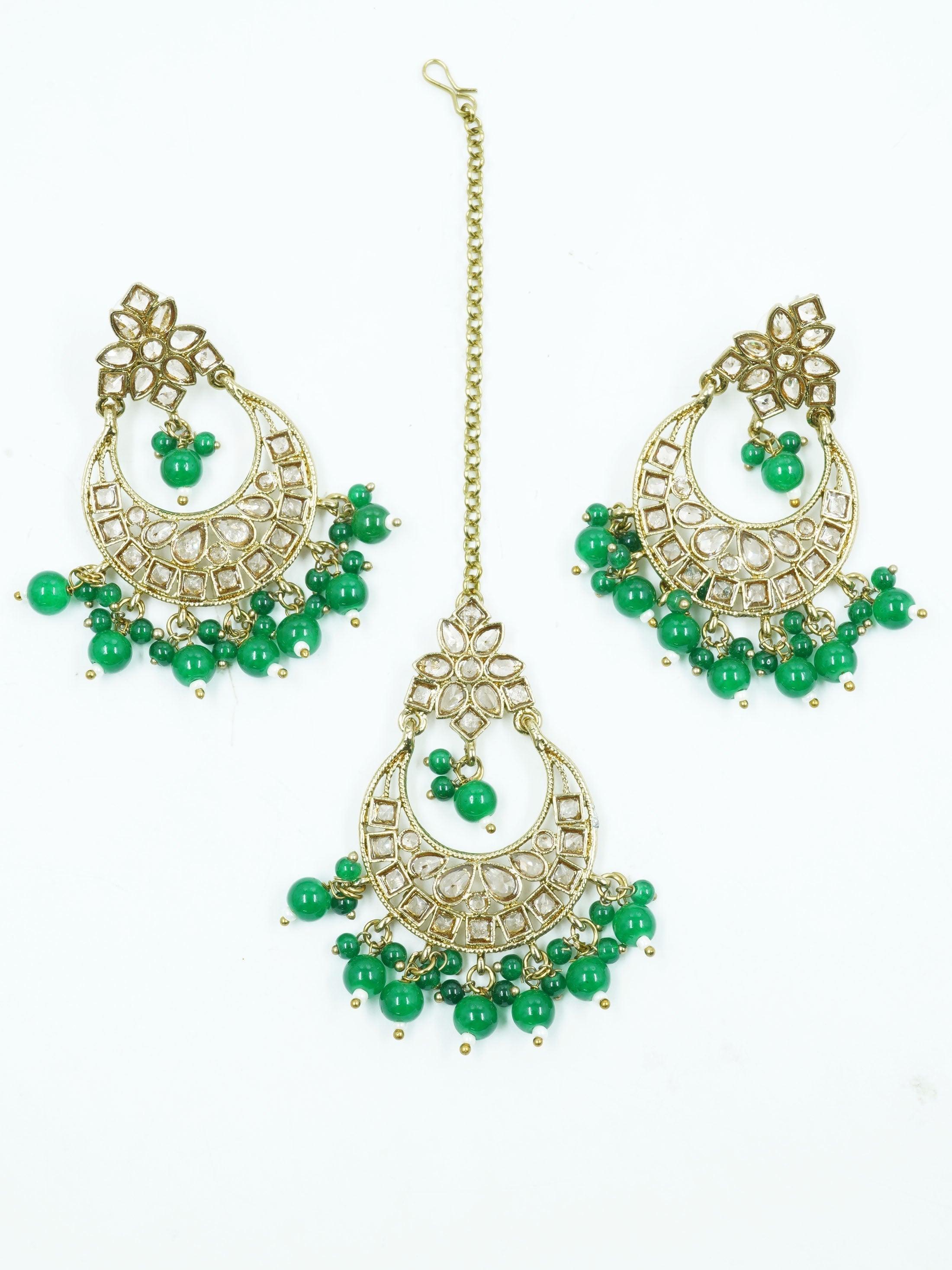 Faint gold finish Earring/jhumka/Dangler with Mang Tikka with Green Color Drops 11767N - Griiham