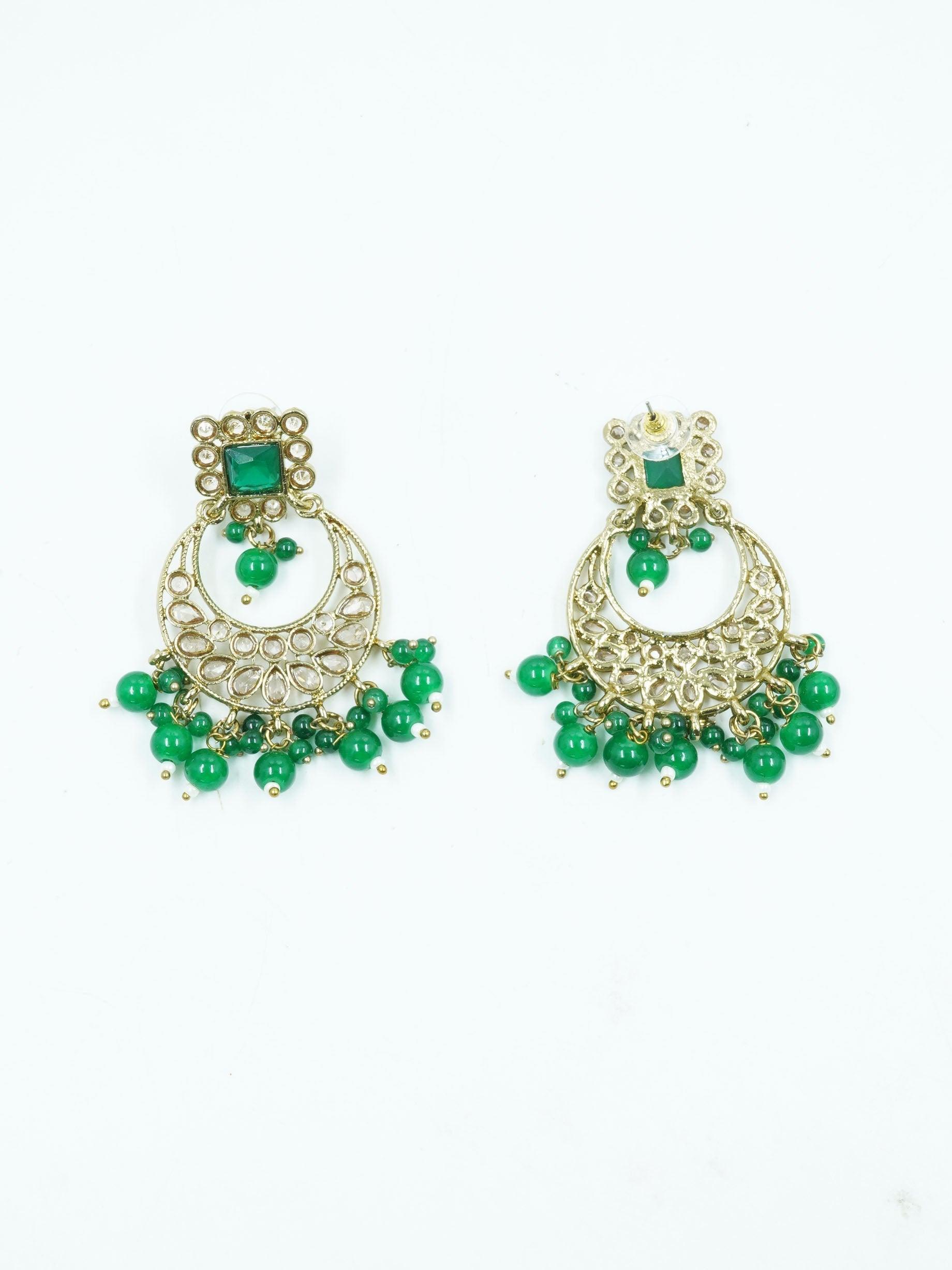 Faint gold finish Earring/jhumka/Dangler with Mang Tikka with Irish Green Color Stones 11764N - Griiham