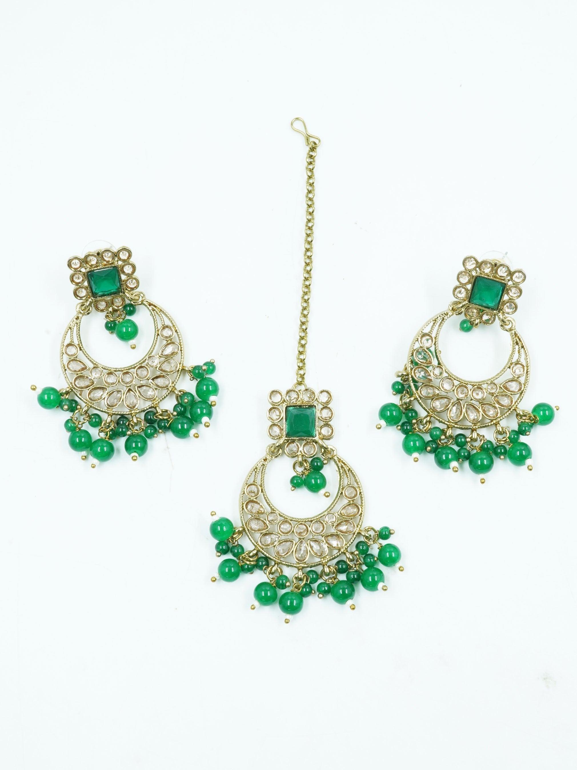 Faint gold finish Earring/jhumka/Dangler with Mang Tikka with Irish Green Color Stones 11764N - Griiham