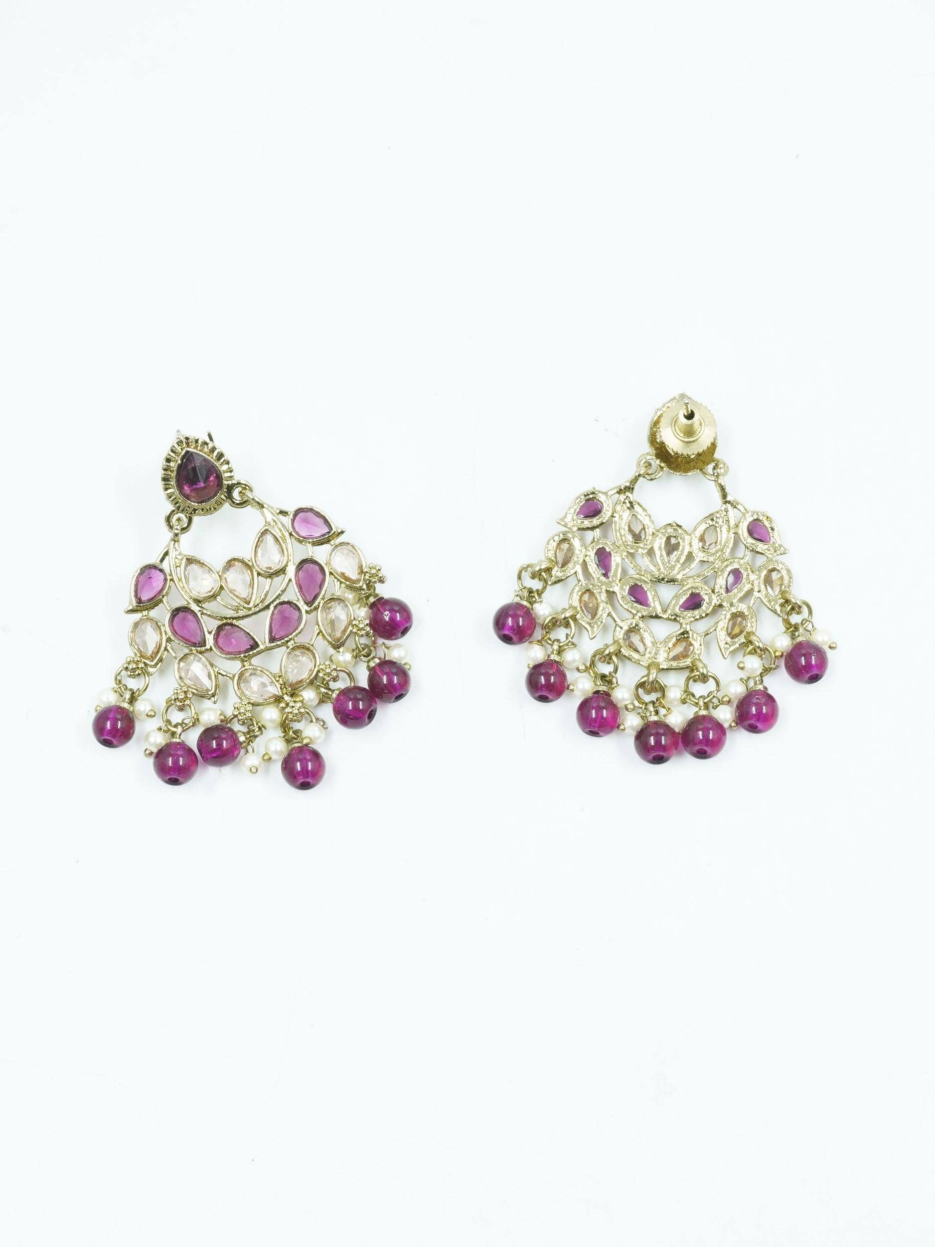 Faint gold finish Earring/jhumka/Dangler with Mang Tikka with Maroon Stones 11771N - Griiham