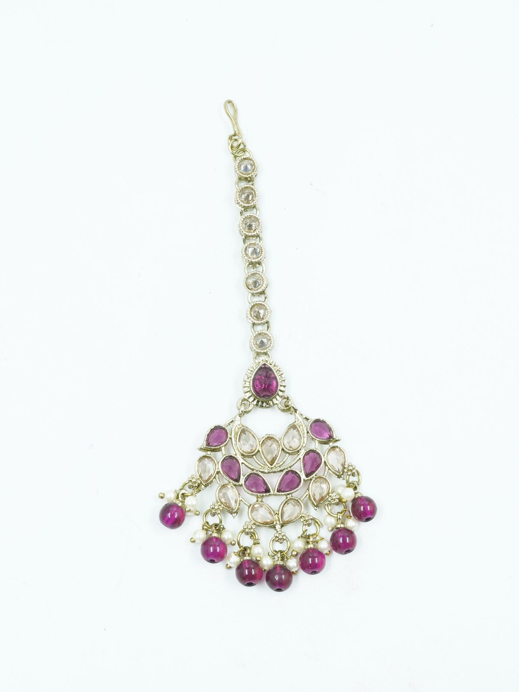 Faint gold finish Earring/jhumka/Dangler with Mang Tikka with Maroon Stones 11771N - Griiham