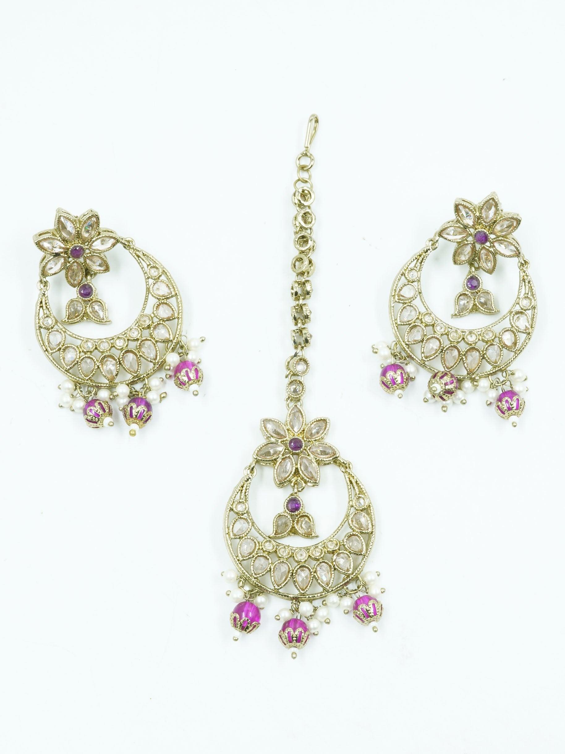 Faint gold finish Earring/jhumka/Dangler with Mang Tikka with Multi color Drops 11815N - Griiham