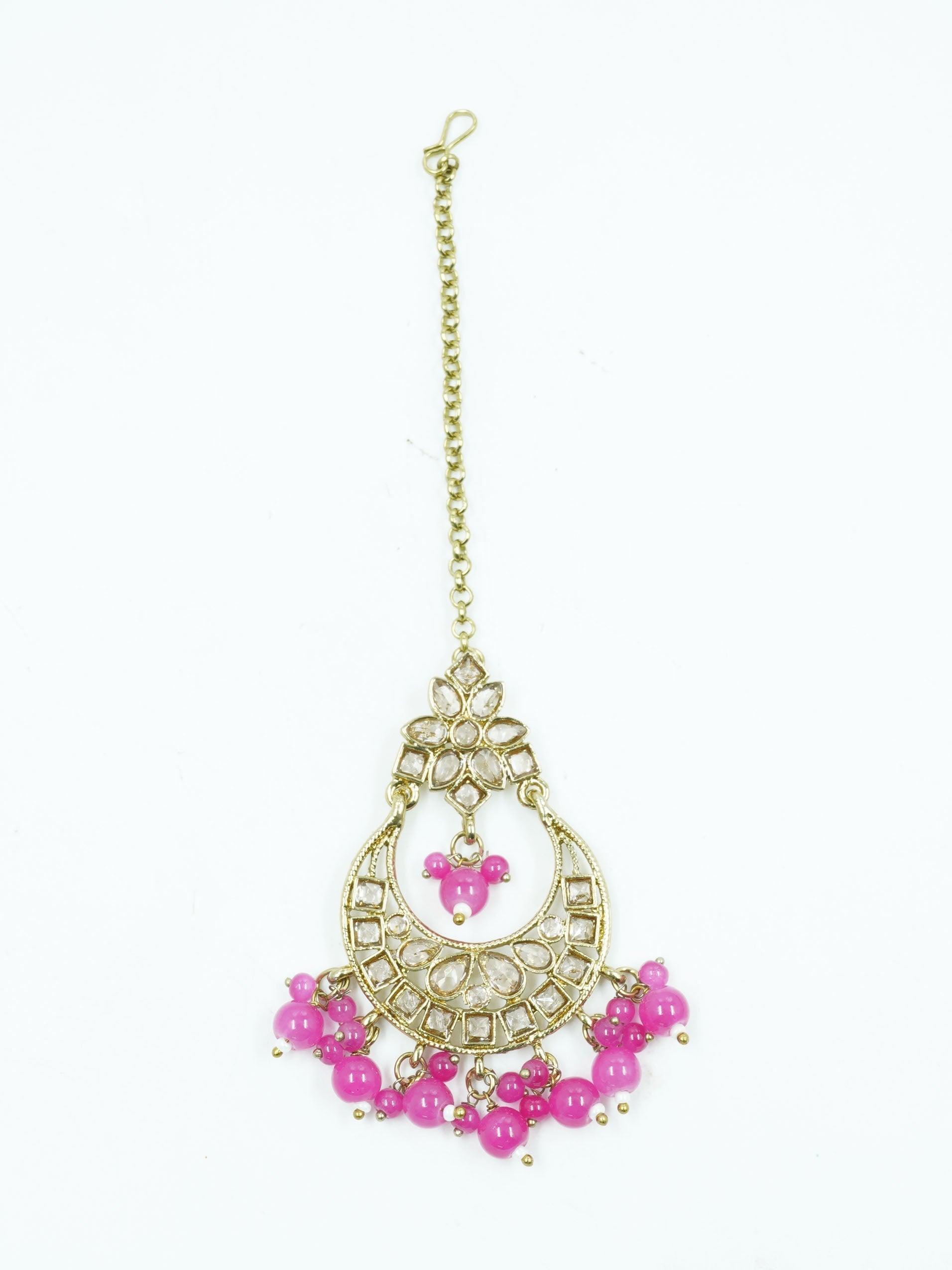 Faint gold finish Earring/jhumka/Dangler with Mang Tikka with Pink Color Drops 11765N - Griiham