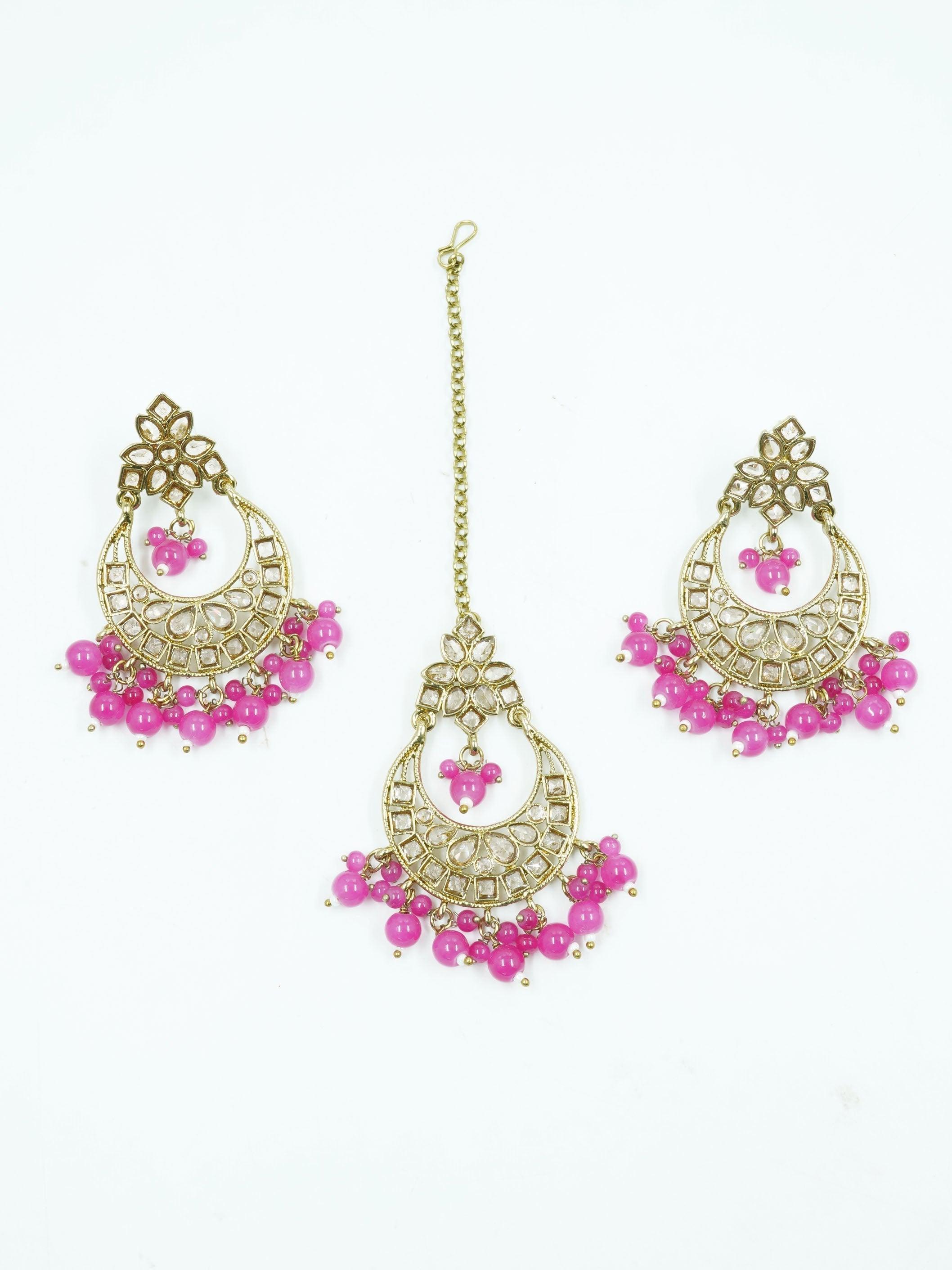 Faint gold finish Earring/jhumka/Dangler with Mang Tikka with Pink Color Drops 11765N - Griiham