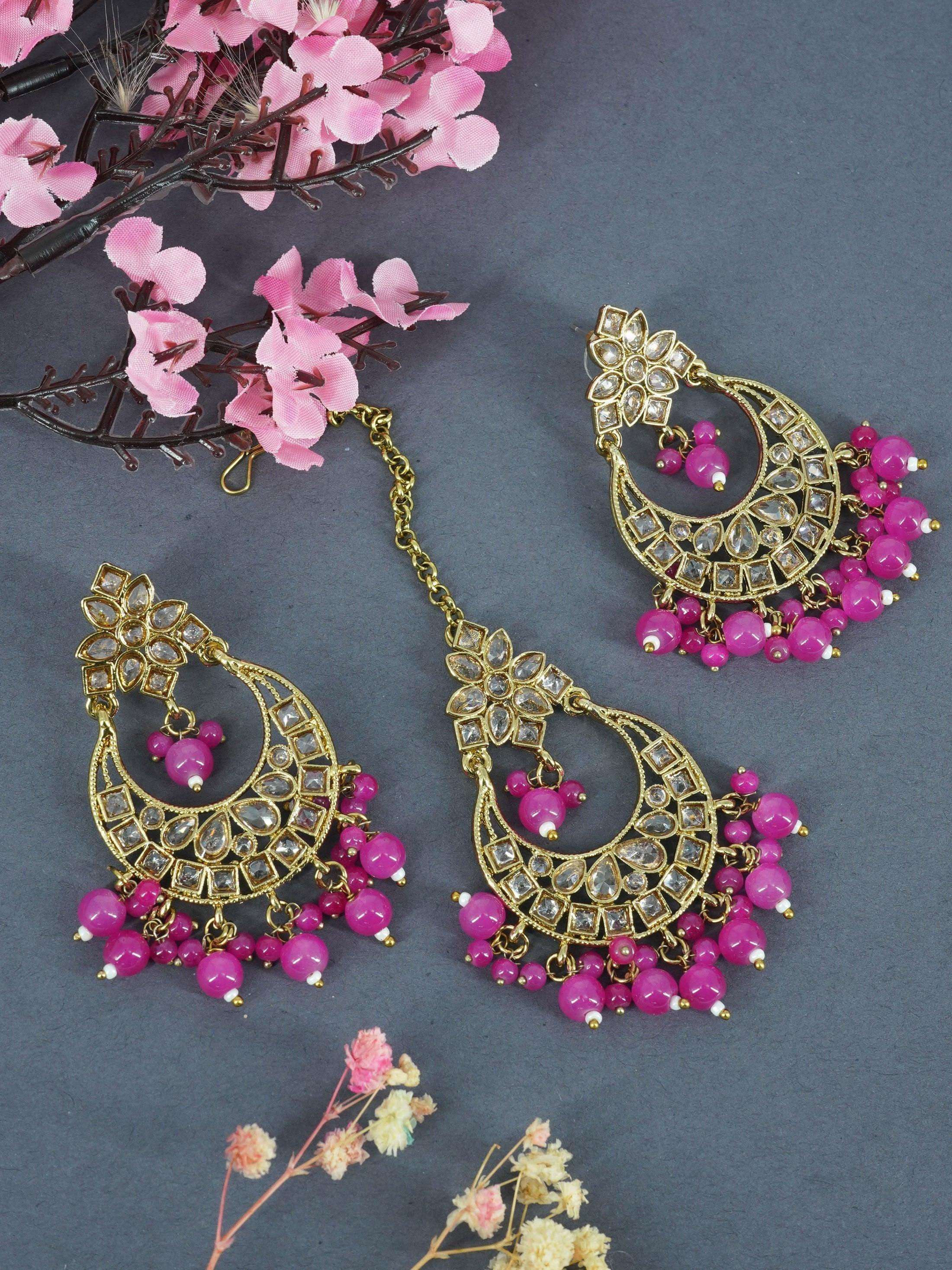 Faint gold finish Earring/jhumka/Dangler with Mang Tikka with Pink Color Drops 11765N - Griiham