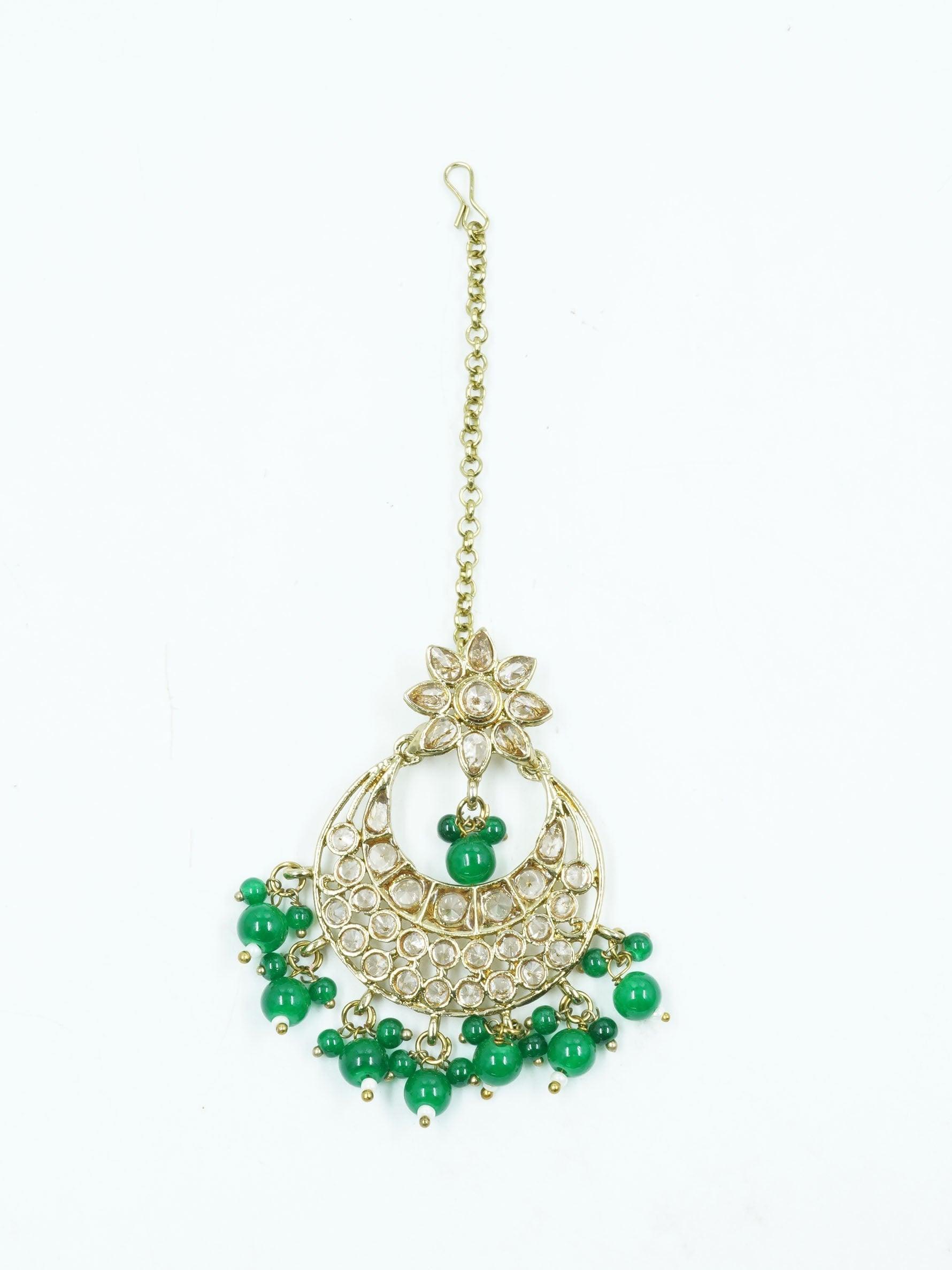 Faint gold finish Earring/jhumka/Dangler with Mang Tikka with Shamrock Green Color Stones 11751N - Griiham