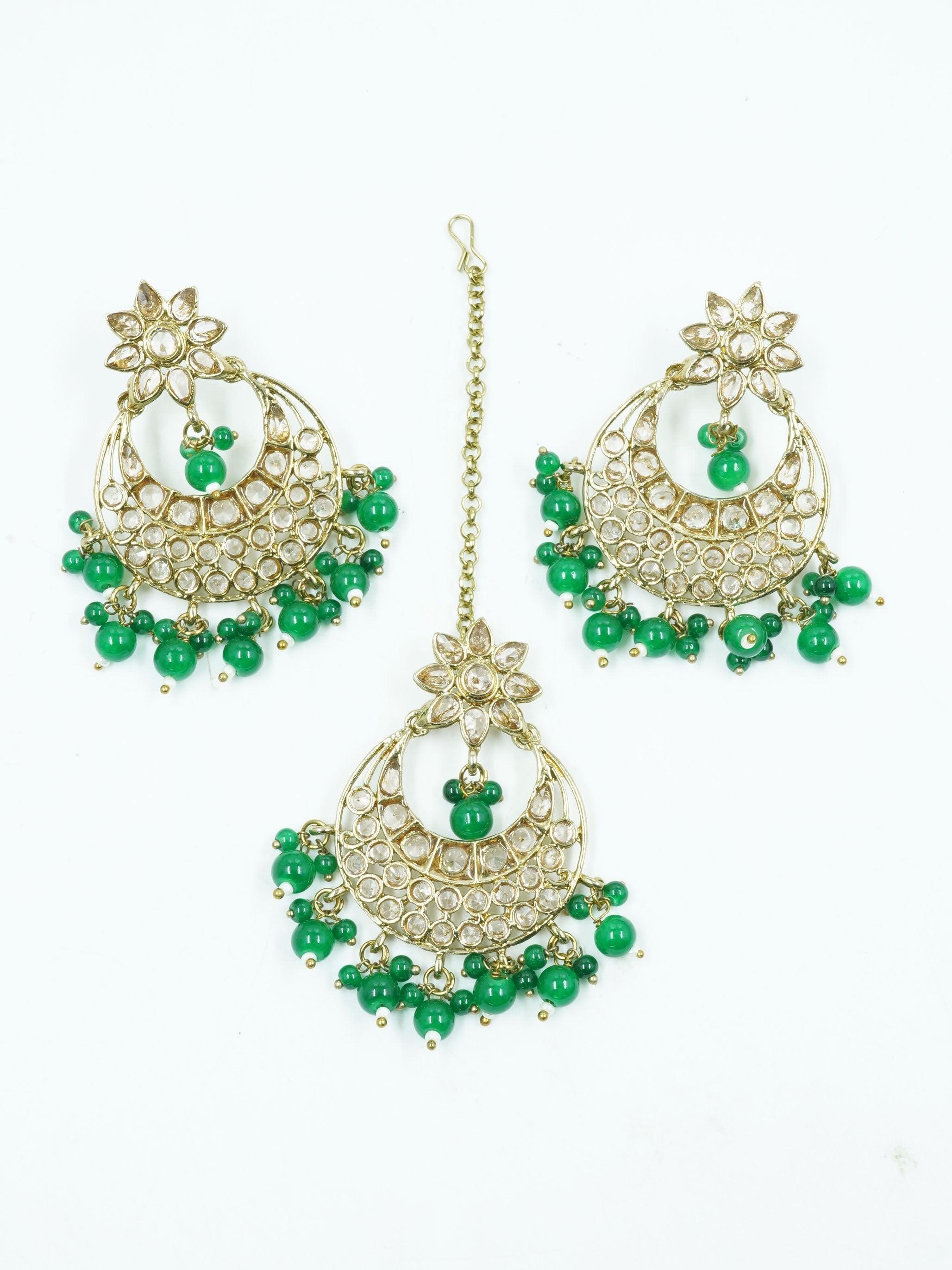 Faint gold finish Earring/jhumka/Dangler with Mang Tikka with Shamrock Green Color Stones 11751N - Griiham