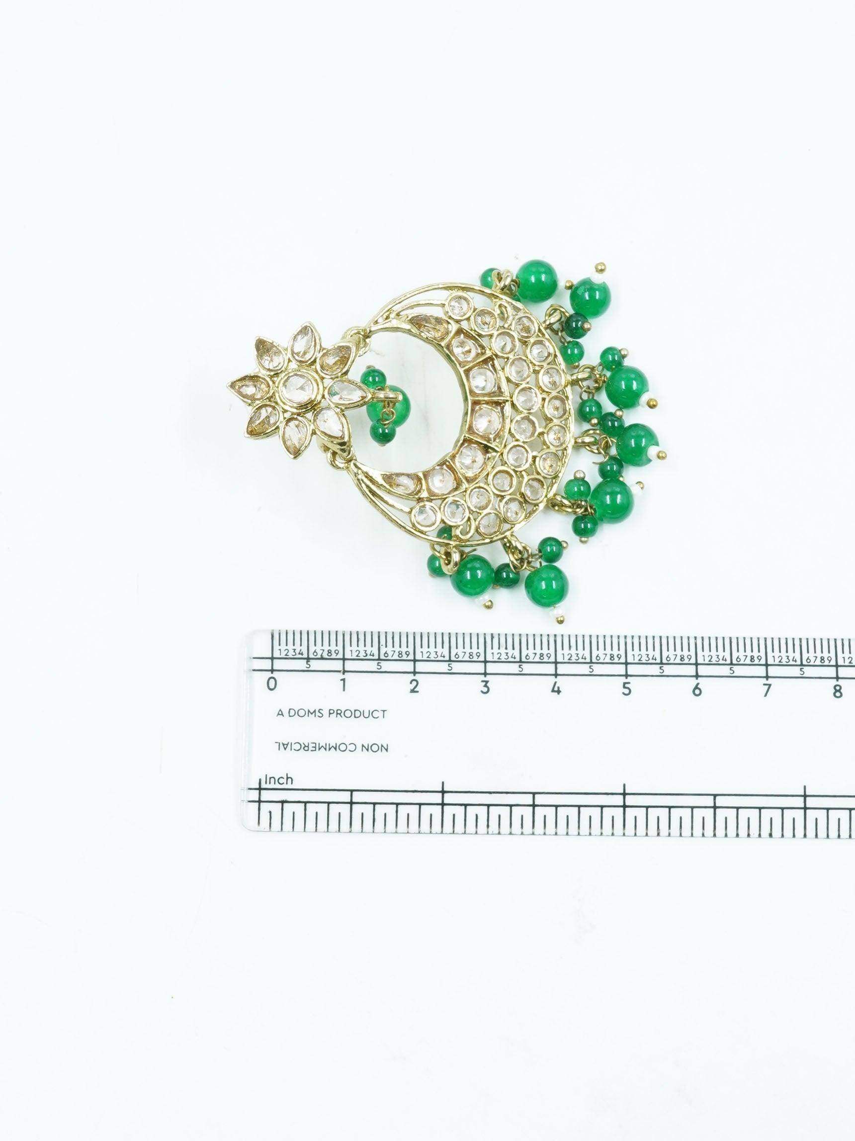 Faint gold finish Earring/jhumka/Dangler with Mang Tikka with Shamrock Green Color Stones 11751N - Griiham