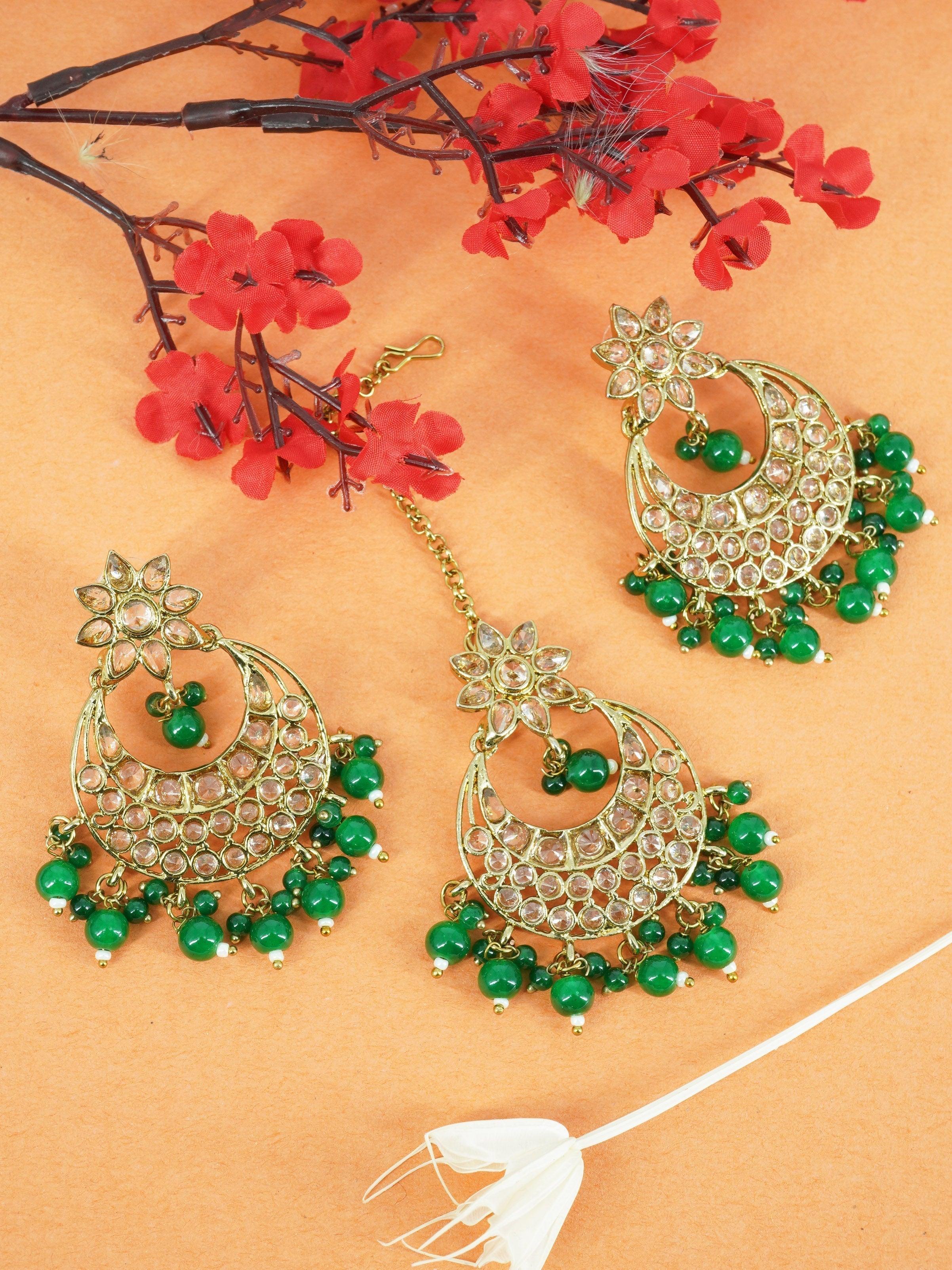 Faint gold finish Earring/jhumka/Dangler with Mang Tikka with Shamrock Green Color Stones 11751N - Griiham