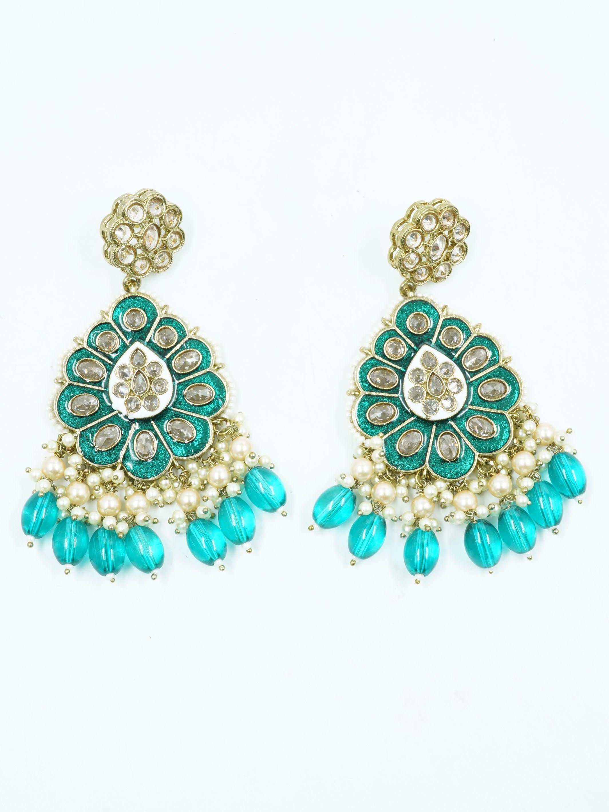 Faint gold finish Earring/jhumka/Dangler with Sea Green color Drops 11806N - Griiham