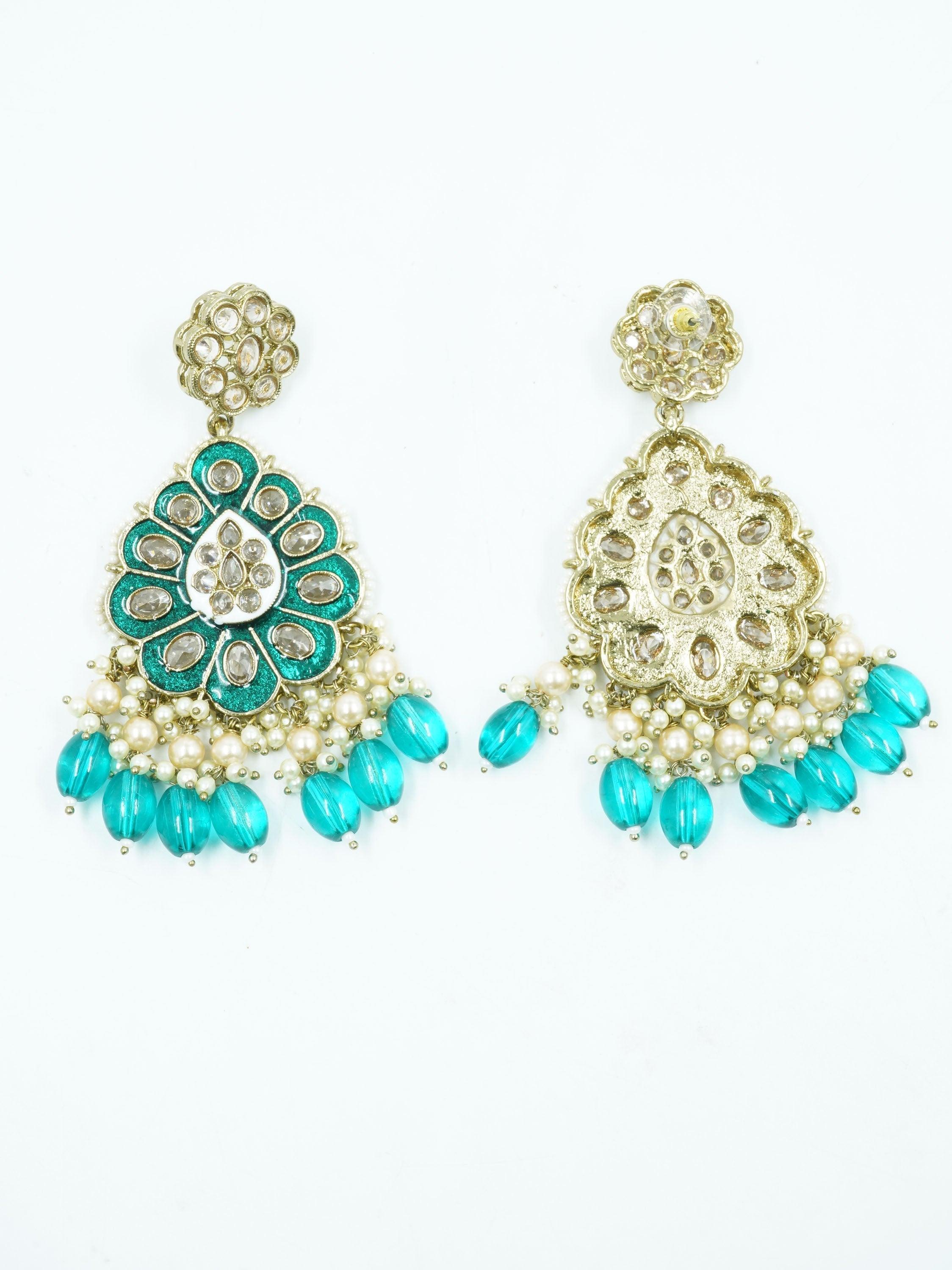 Faint gold finish Earring/jhumka/Dangler with Sea Green color Drops 11806N - Griiham