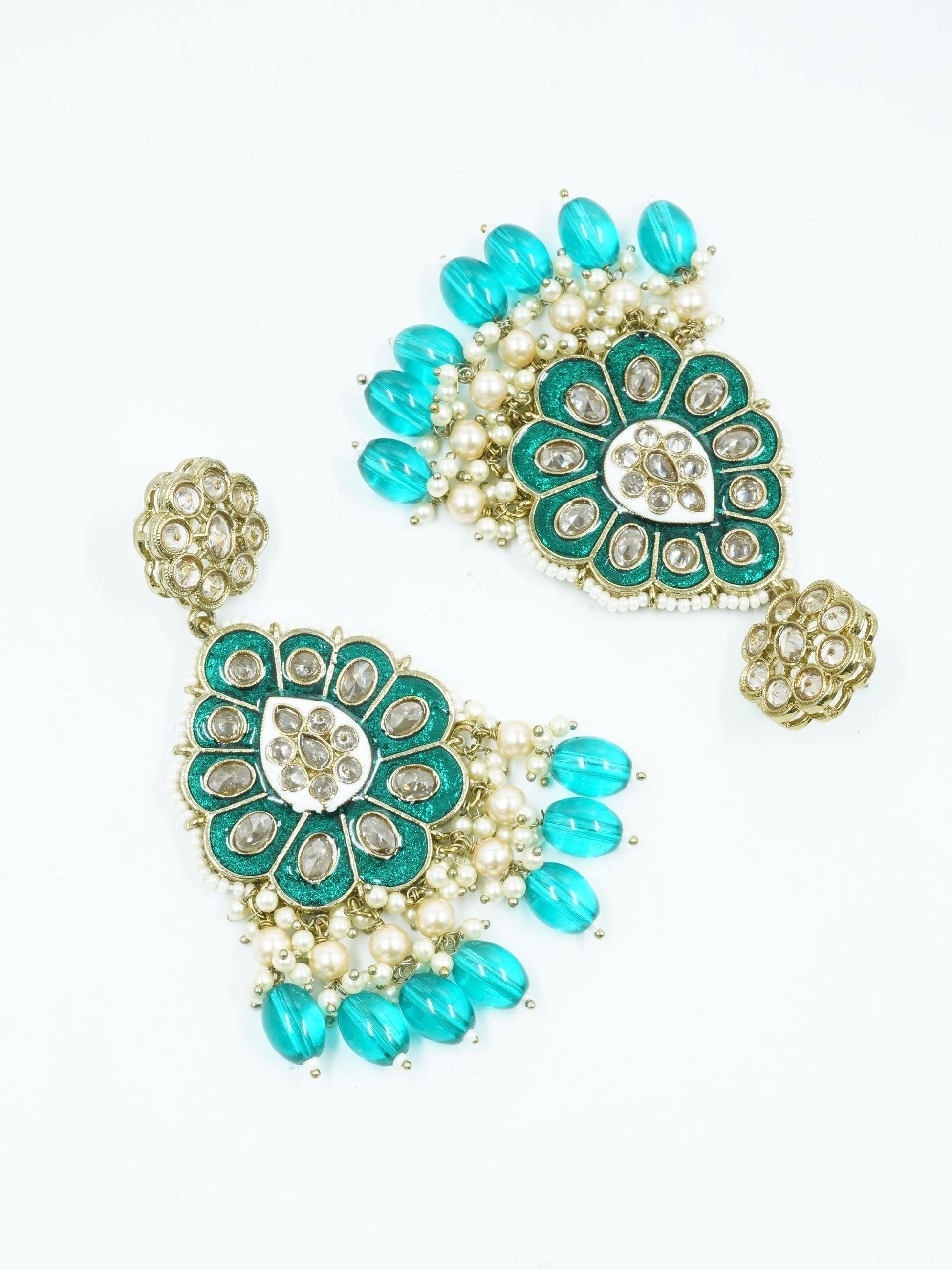 Faint gold finish Earring/jhumka/Dangler with Sea Green color Drops 11806N - Griiham