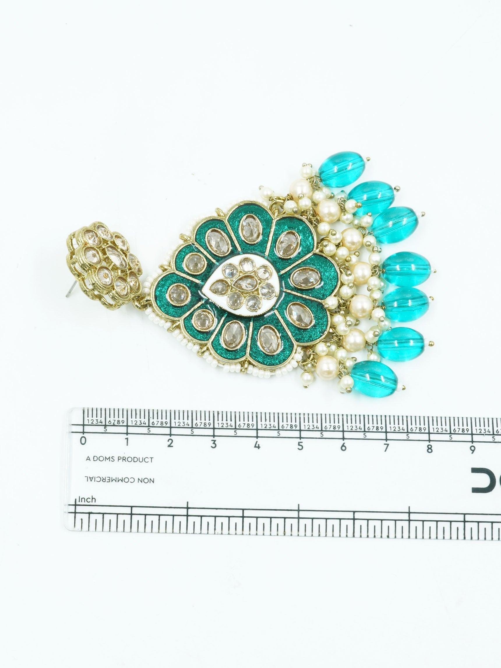 Faint gold finish Earring/jhumka/Dangler with Sea Green color Drops 11806N - Griiham