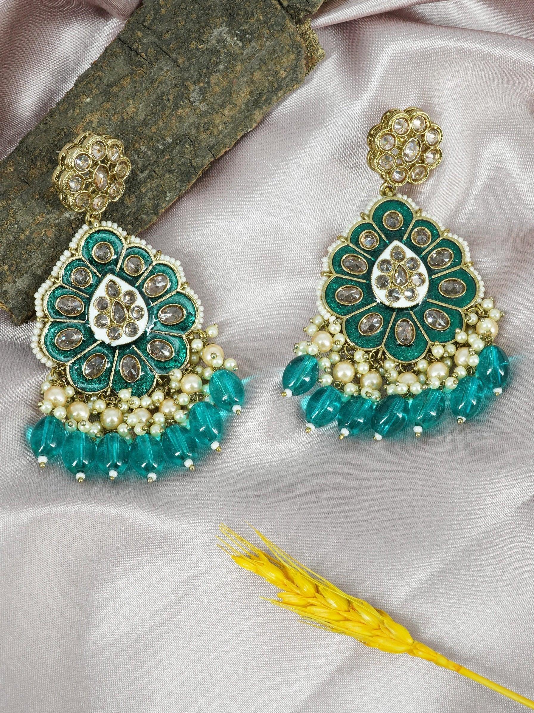 Faint gold finish Earring/jhumka/Dangler with Sea Green color Drops 11806N - Griiham