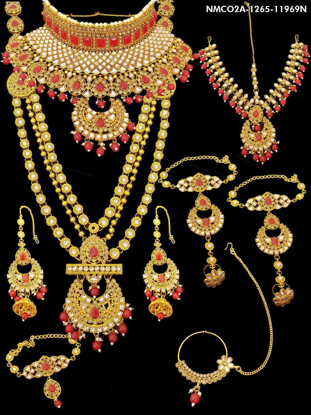 Fancy Dulhan set Gold Polish Bridal jewelry Set combo Meenkari and kundan 11968N - Griiham