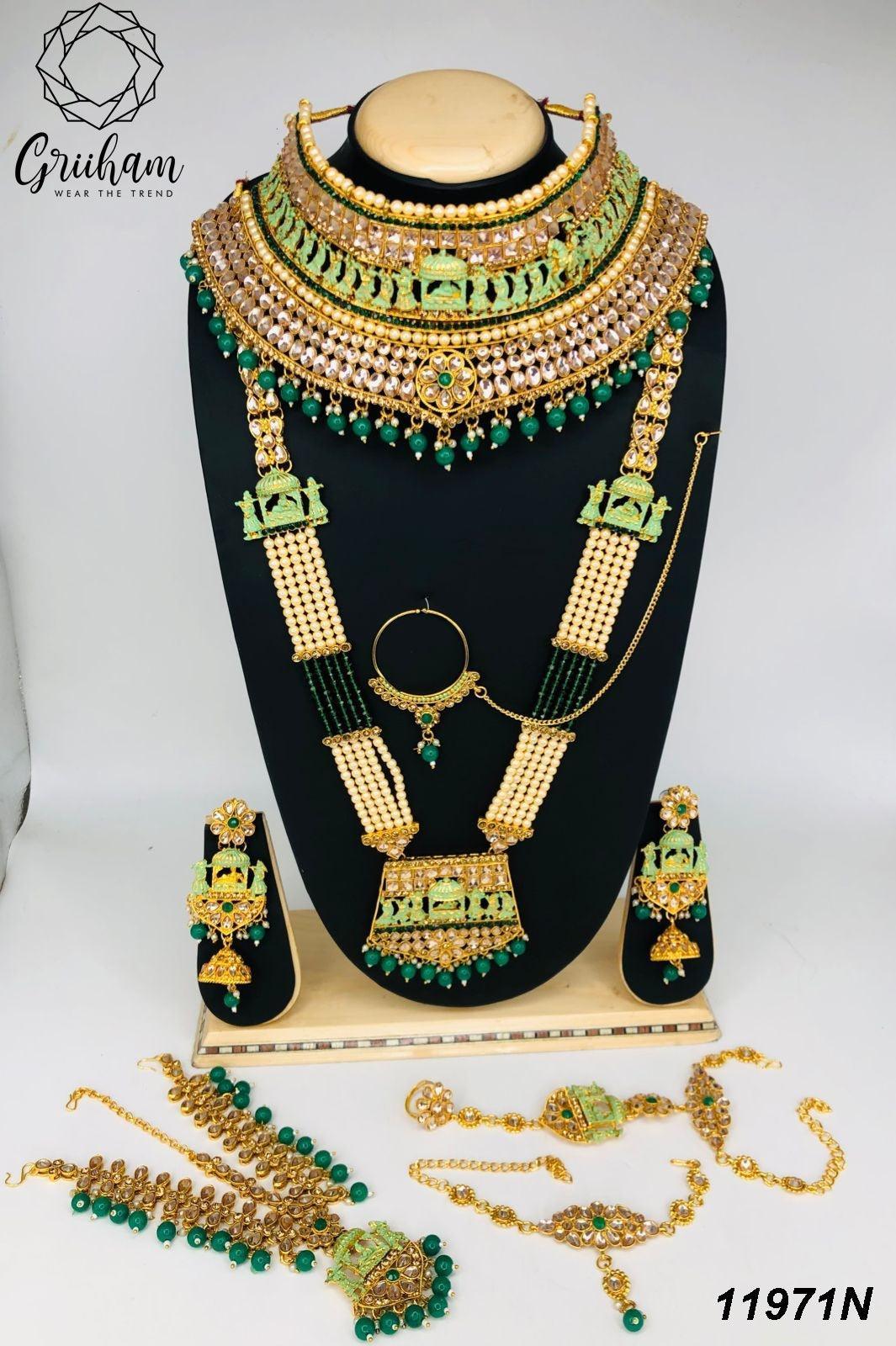 Fancy Dulhan set Gold Polish Bridal jewelry Set combo Meenkari and kundan - Griiham