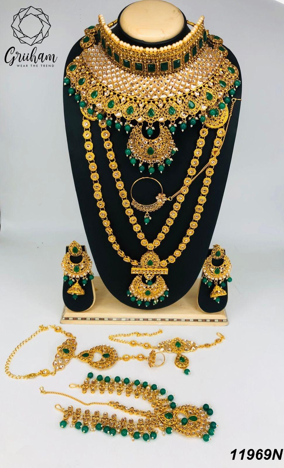 Fancy Dulhan set Gold Polish Bridal jewelry Set combo Meenkari and kundan - Griiham