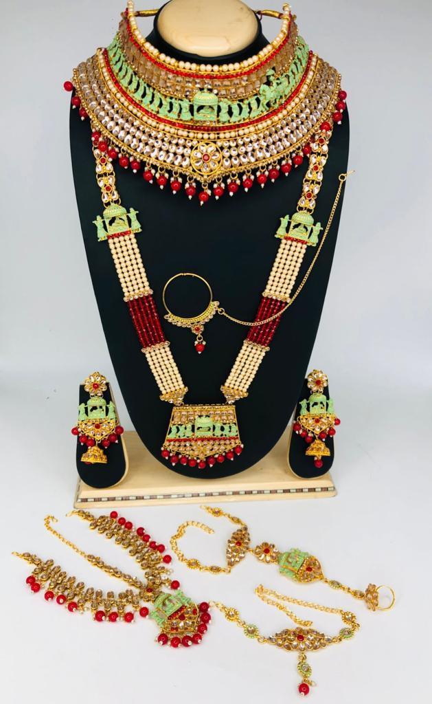 Fancy Dulhan set Gold Polish Bridal jewelry Set combo Meenkari and kundan - Griiham