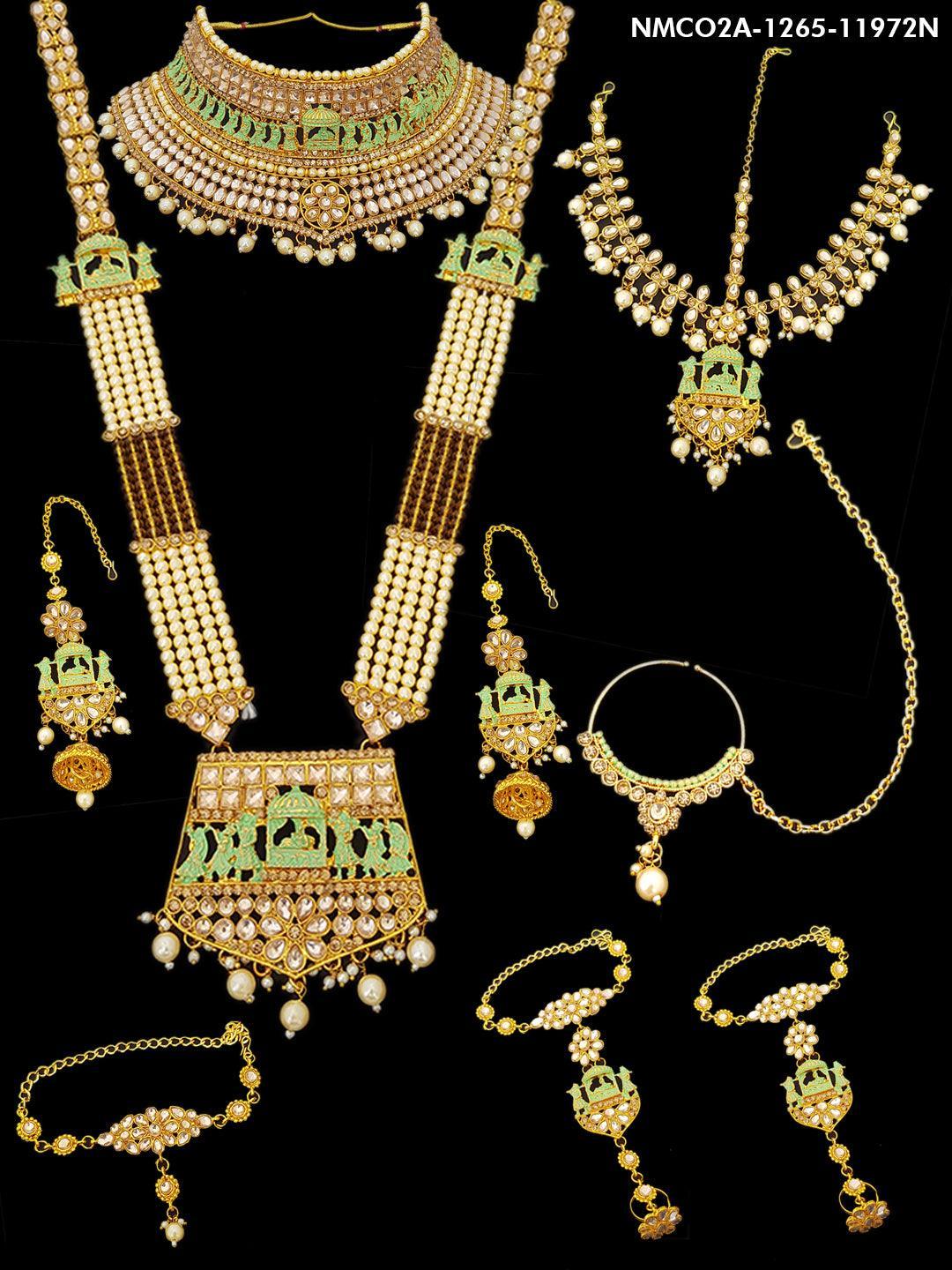 Fancy Dulhan set Gold Polish Bridal jewelry Set combo Meenkari and kundan