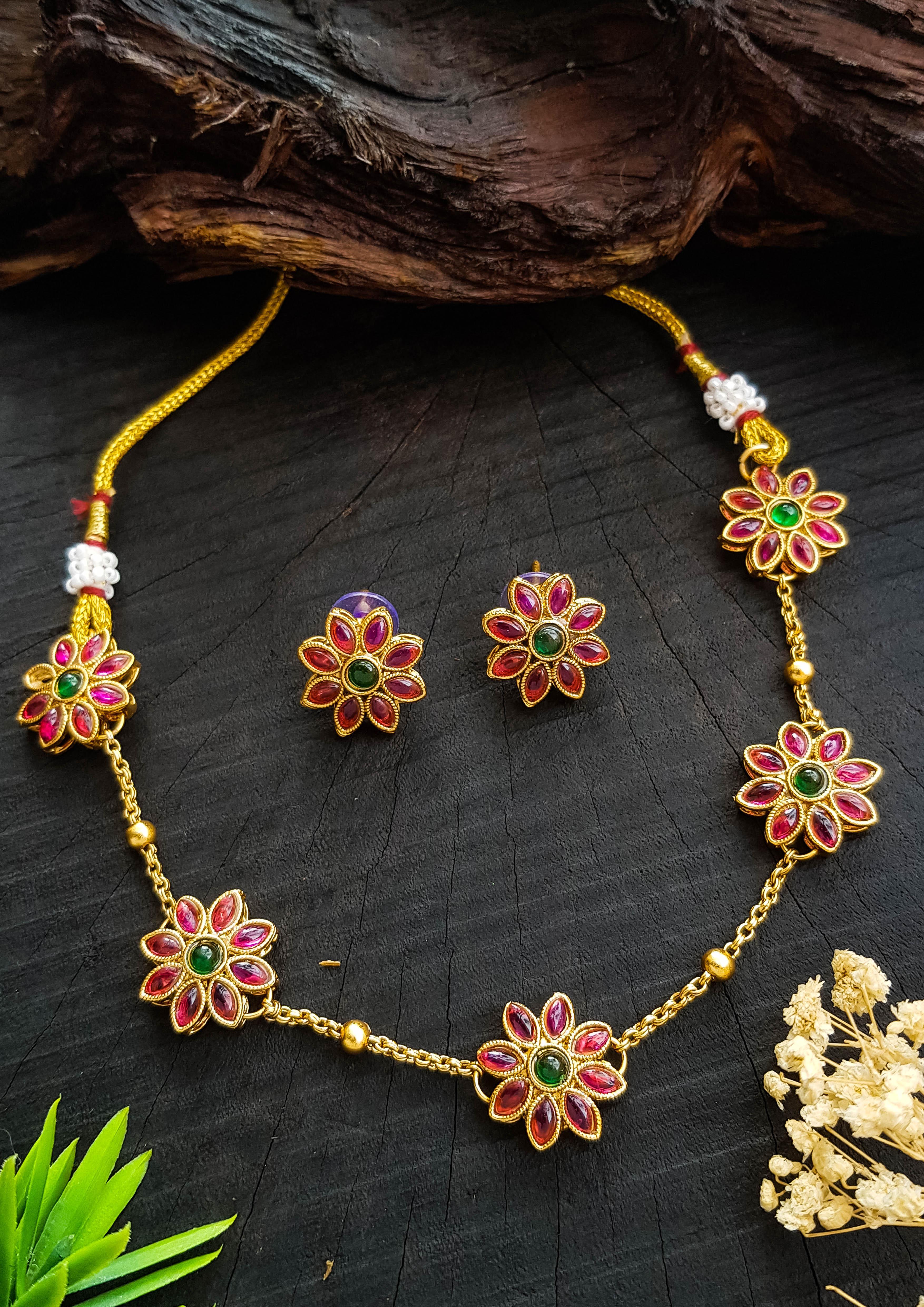 Floral motif Elegant Premeium Gold Finish Designer Multicolor stones Necklace Set - Griiham