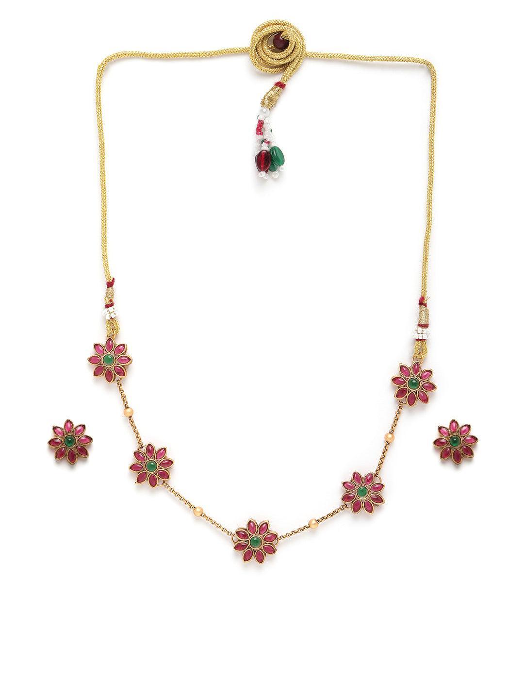 Floral motif Elegant Premeium Gold Finish Designer Multicolor stones Necklace Set - Griiham