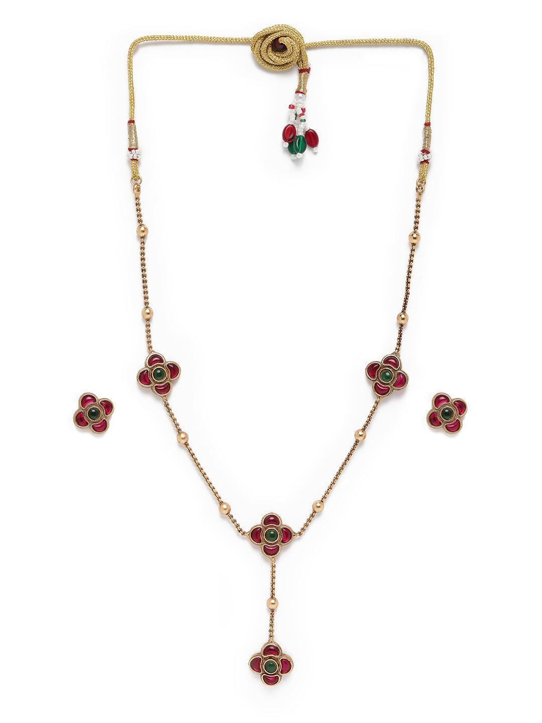 Floral motif Elegant Premeium Gold Finish Designer Multicolor stones Necklace Set - Griiham