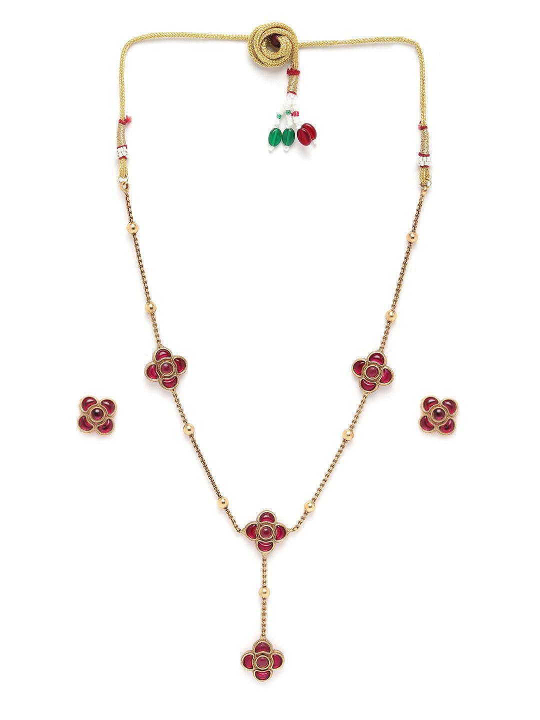 Floral motif Elegant Premeium Gold Finish Designer Multicolor stones Necklace Set - Griiham