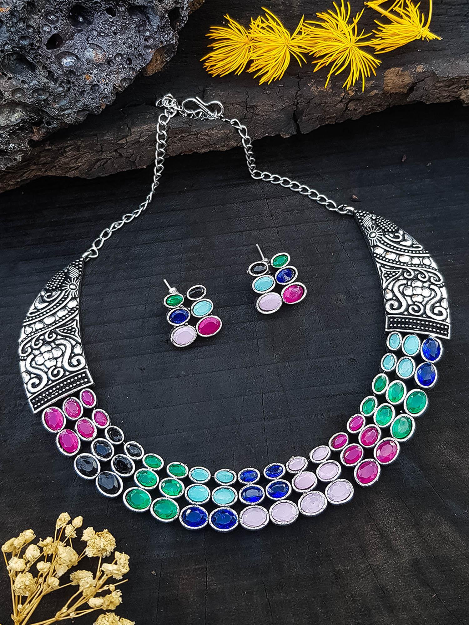 German Silver Plated oxidised Multicolor Necklace set - Griiham