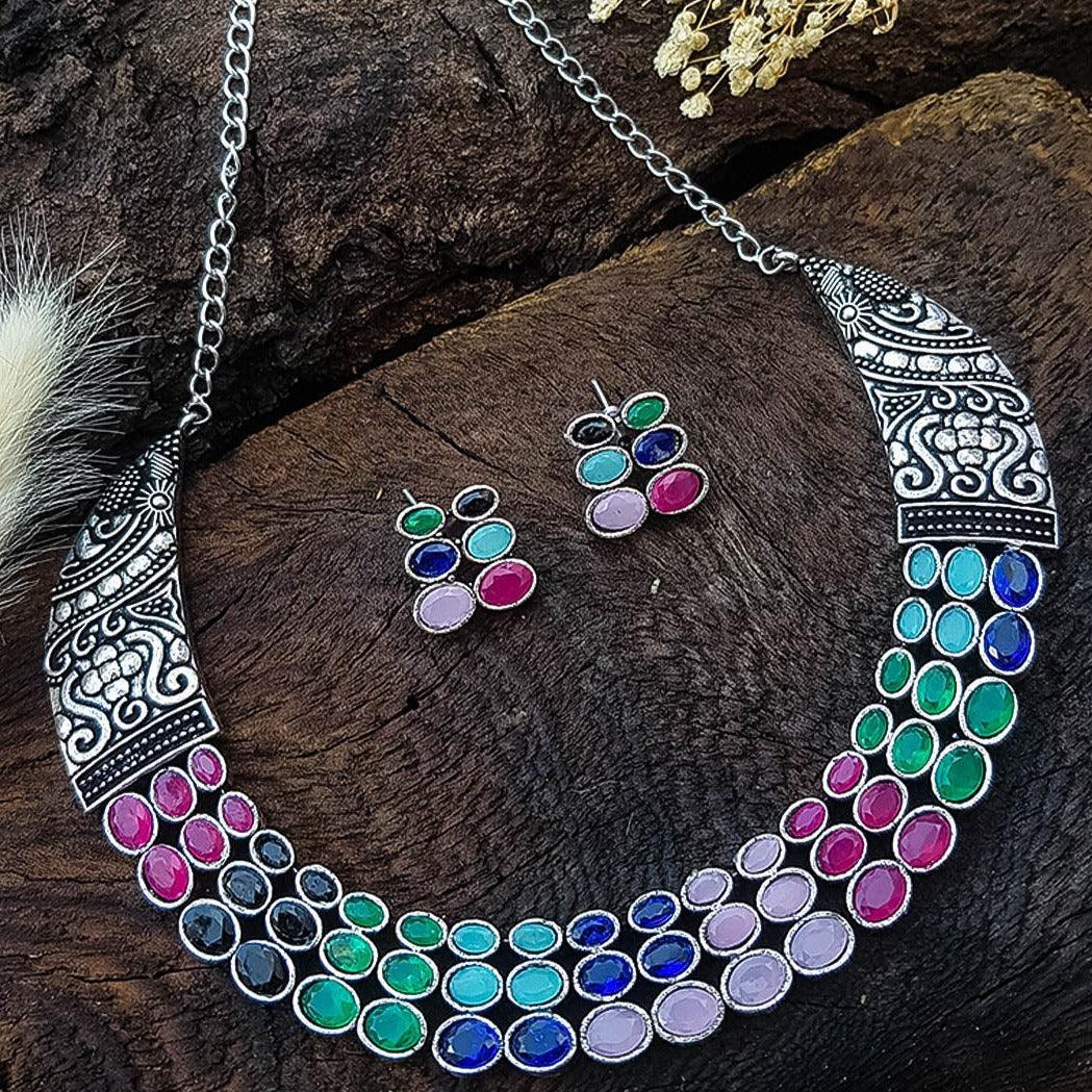 German Silver Plated oxidised Multicolor Necklace set
