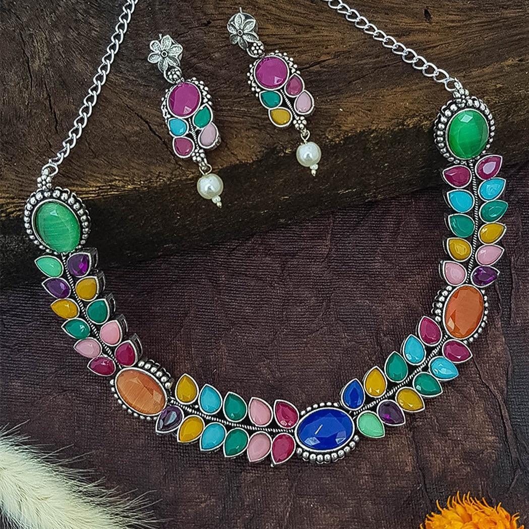 German Silver Plated oxidised Multicolor Necklace set