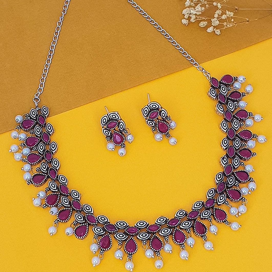 German Silver Plated oxidised Ruby stone Necklace set