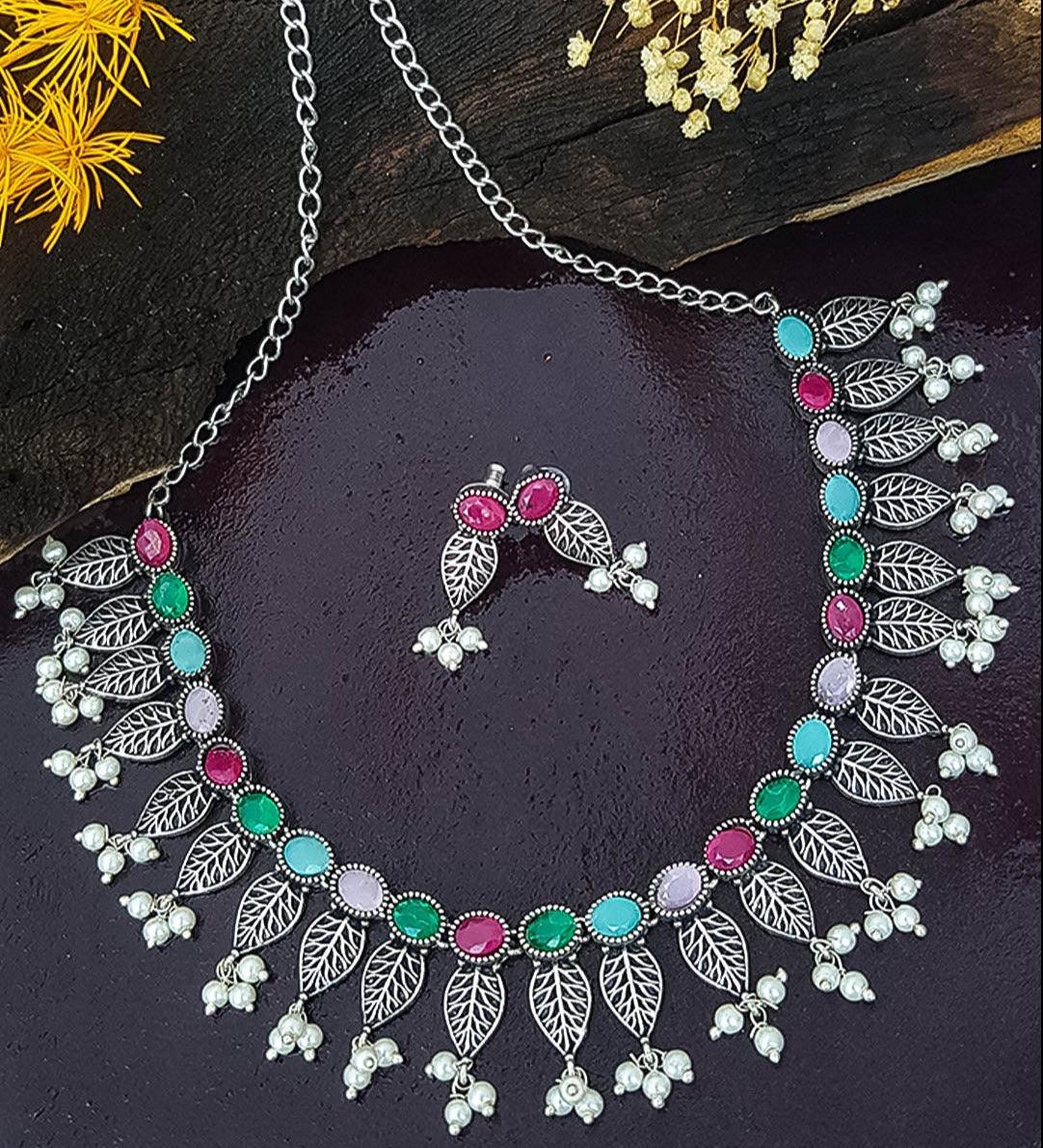 German Silver Plated oxidised multicolor stone Necklace set