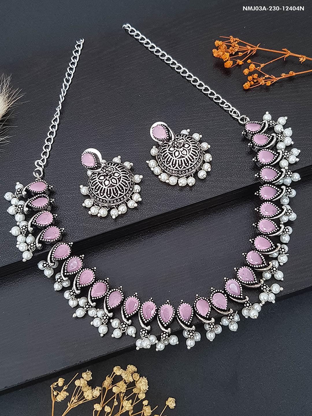 German silver Oxidised Navratna Necklace Set