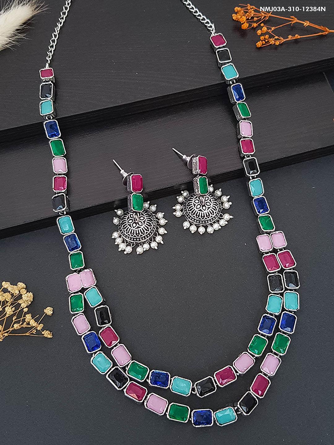 German silver Oxidised Navratna Necklace Set