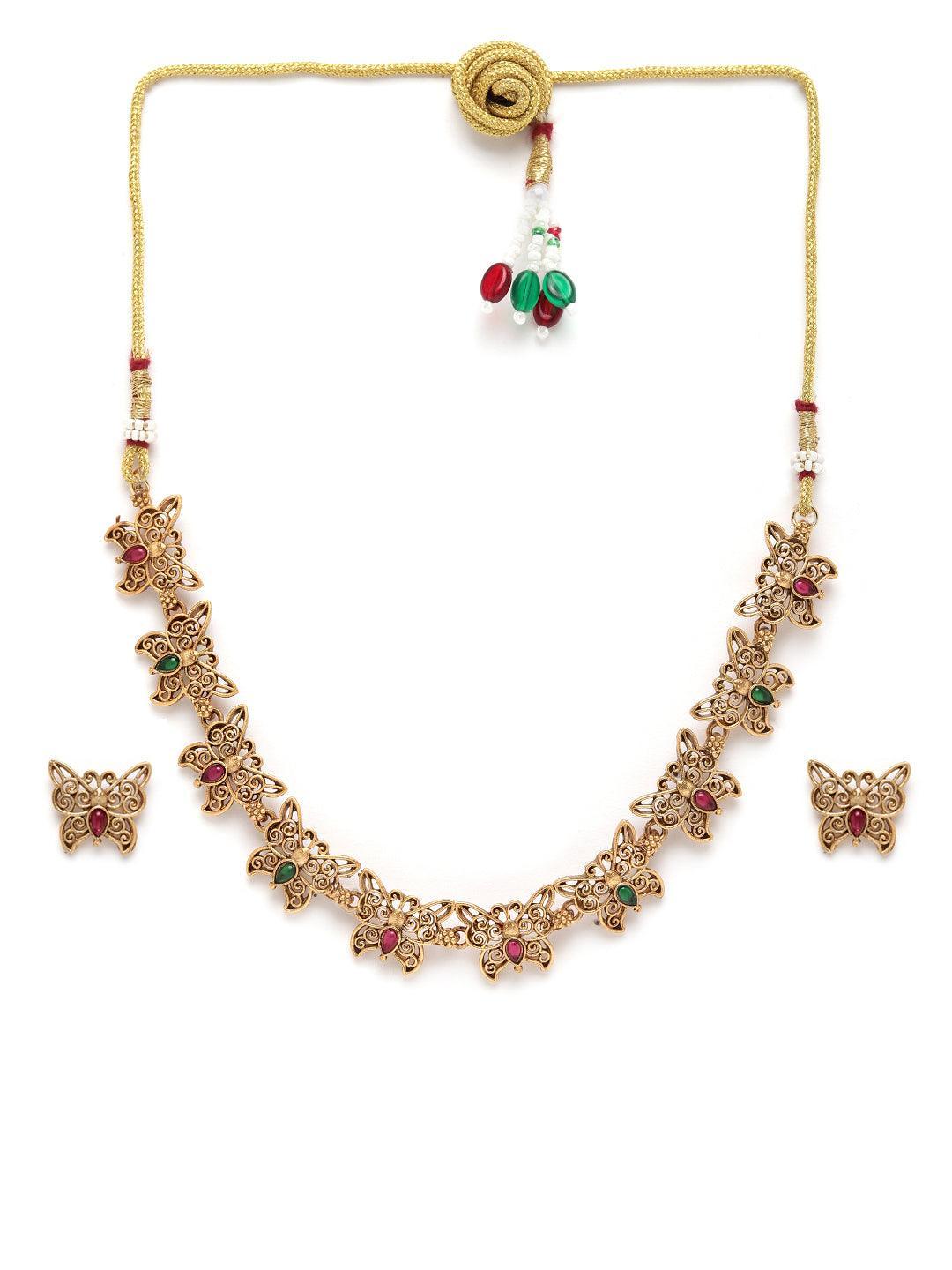 Gold Finish Designer Multicolor stones Butterfly theme Necklace Set - Griiham