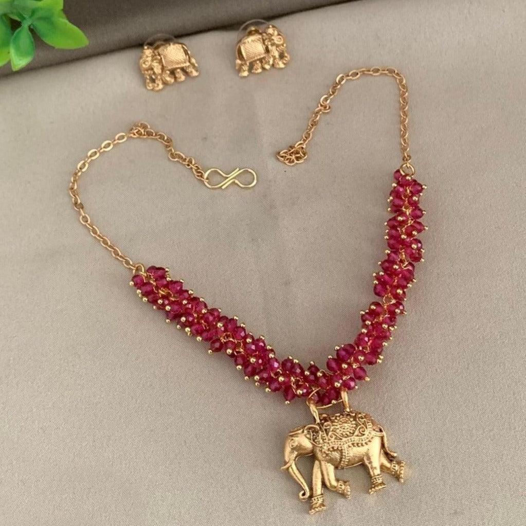 Gold Finish Designer elephant Red crystal Necklace Set - Griiham