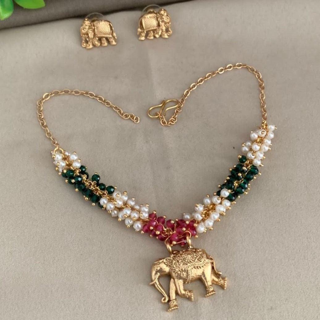 Gold Finish Designer elephant Red crystal Necklace Set