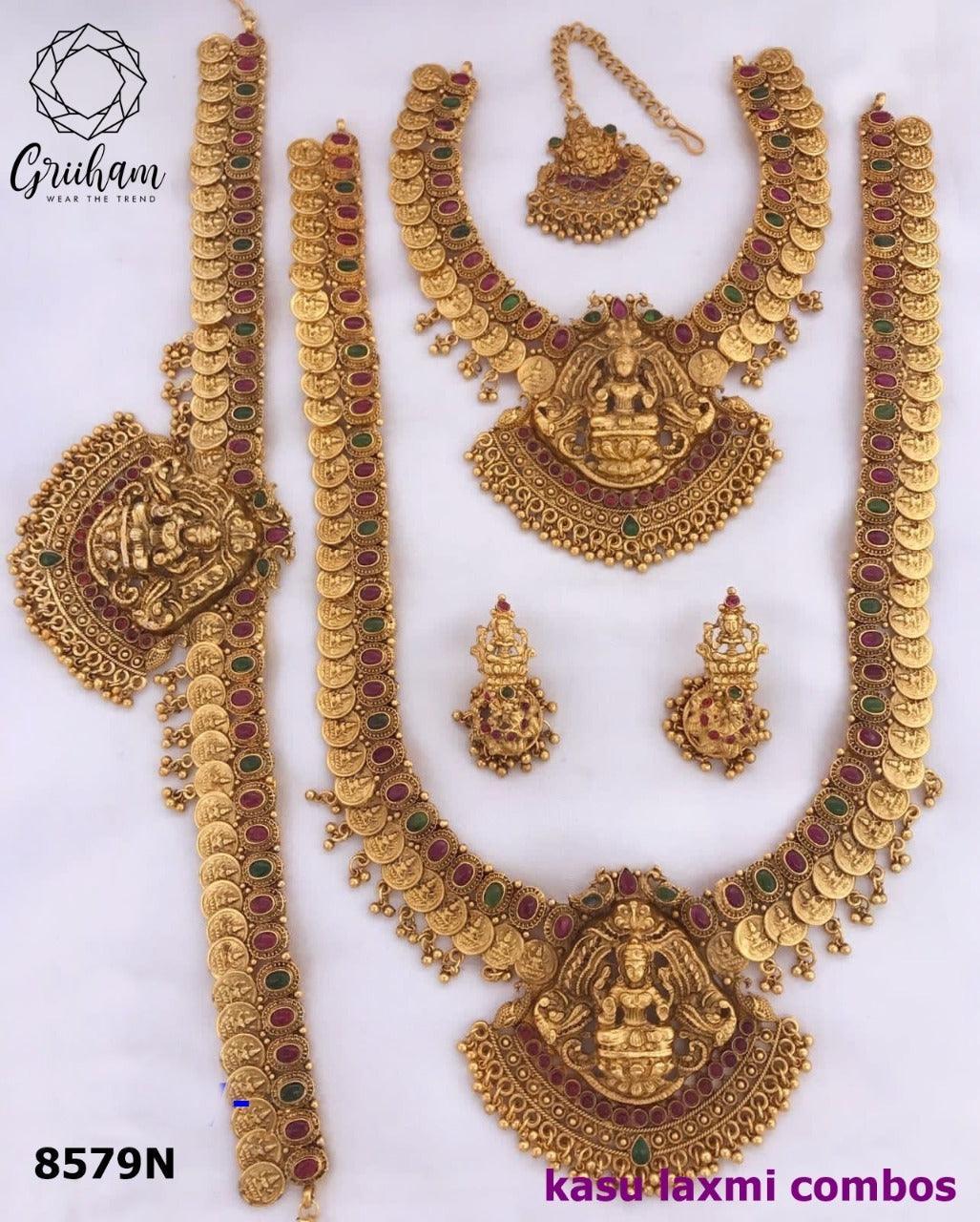 Gold Finish Kasu Laxmi Combo Bridal Sets 8579N-Necklace Set-Griiham-Griiham