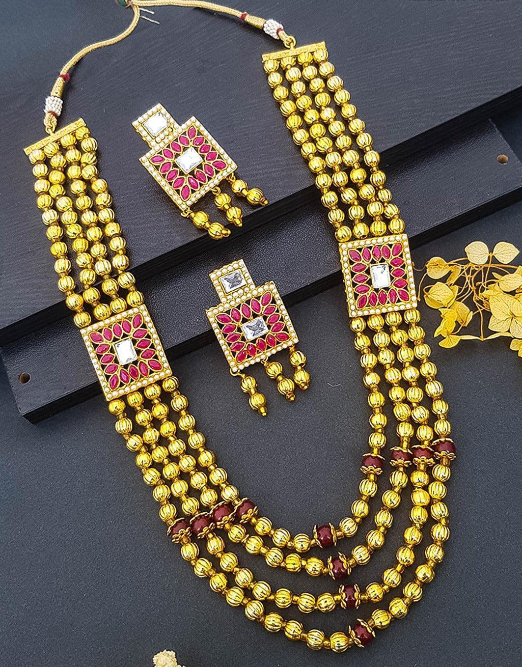 Gold Finish Multicolor Stones 4Layer Rani Long Hara Set